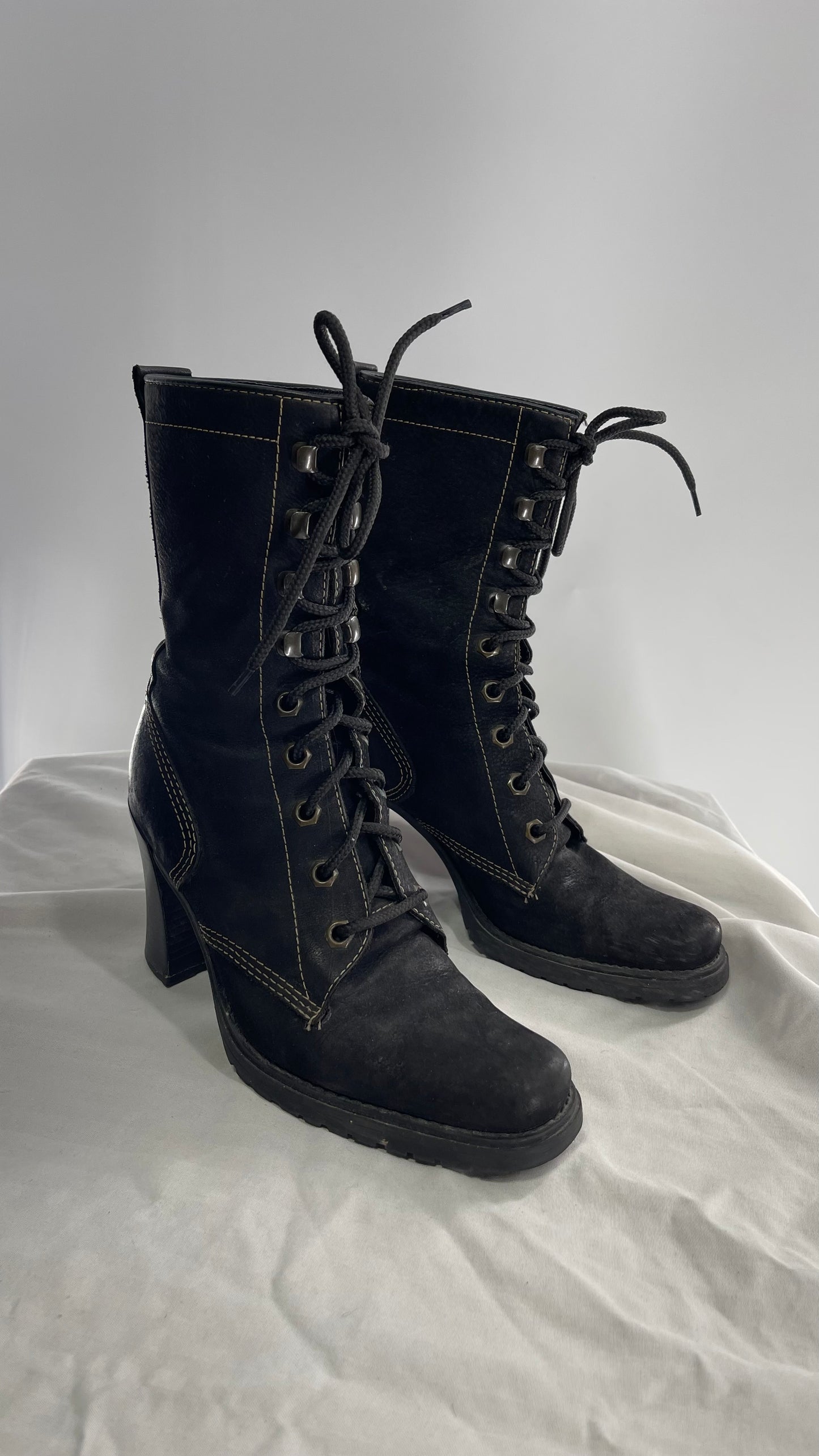 Vintage Nine West Leather Black Lace Up Combat Boots (7)