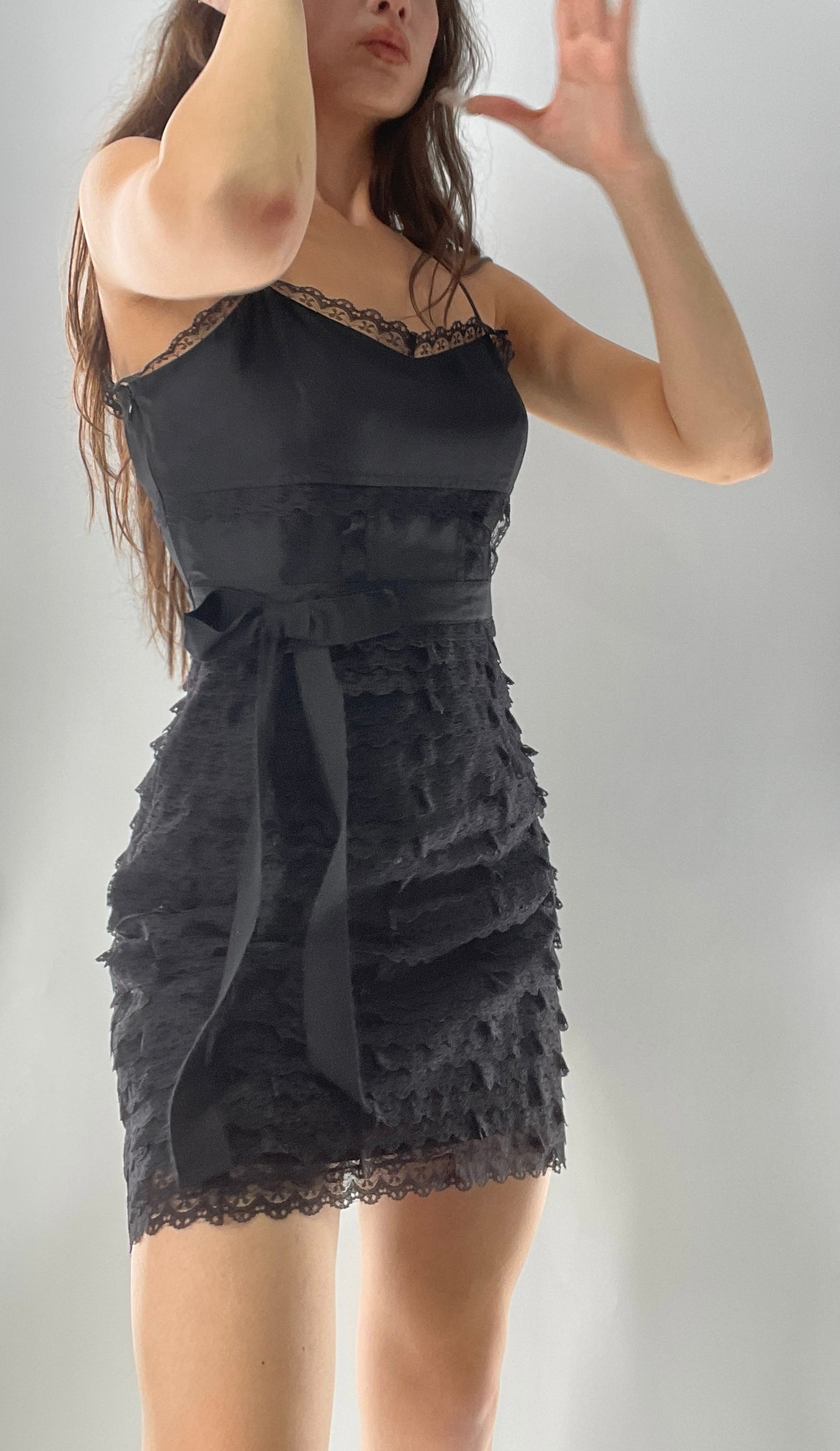 RED VALENTINO Black Corseted Style Ruffle Lace Hem Skirt Mini Dress
