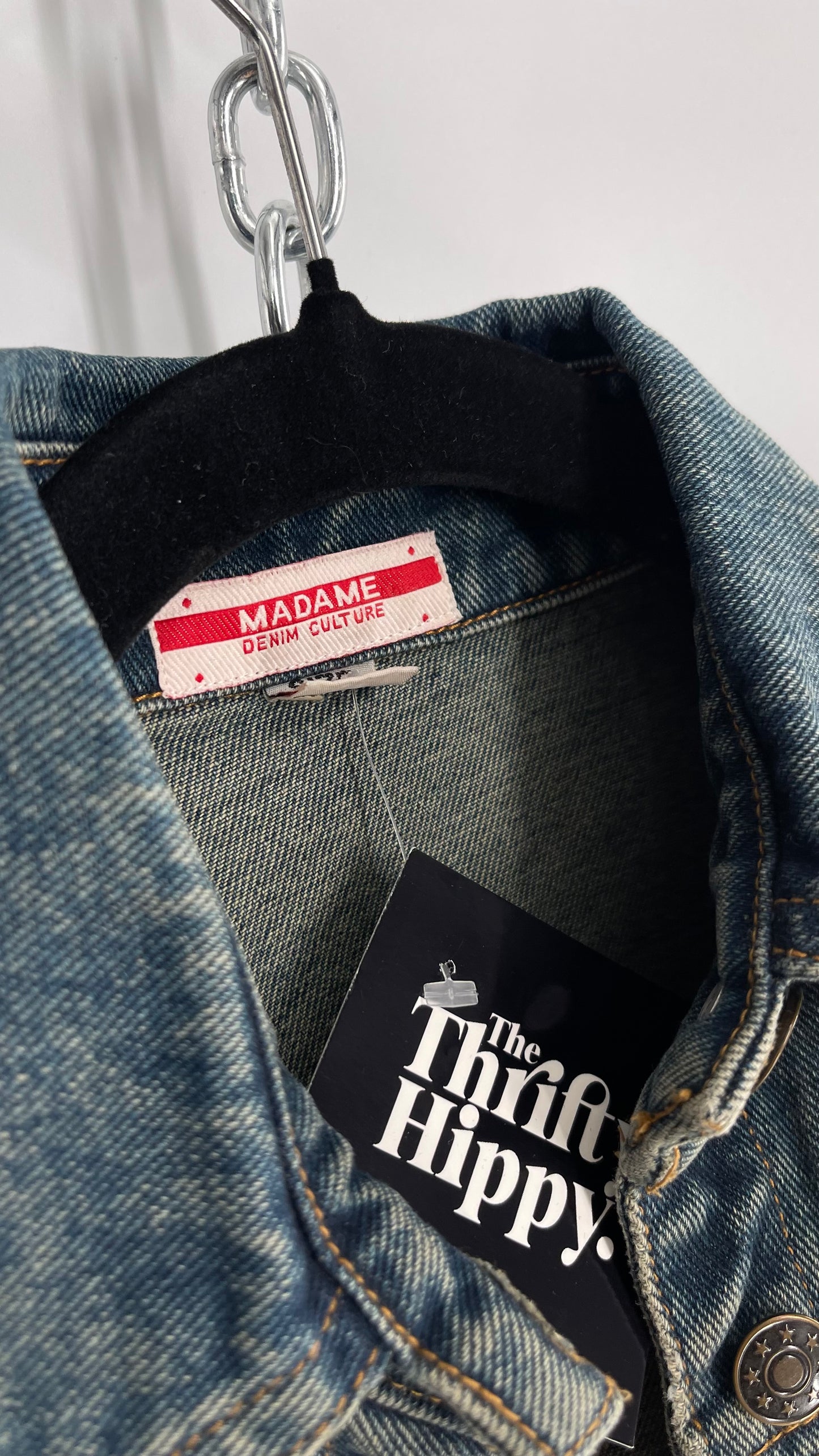Vintage Madame Denim Culture Medium Wash Fade Jacket with Waist Belt and Back Pocket Details (Medium)