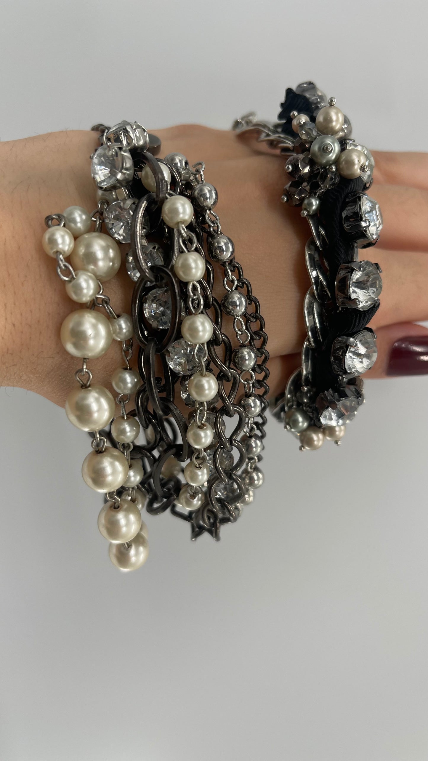 Vintage Heavy Layered Pearl Gunmetal Chain and Oversized Rhinestone 2pc Bracelet Set