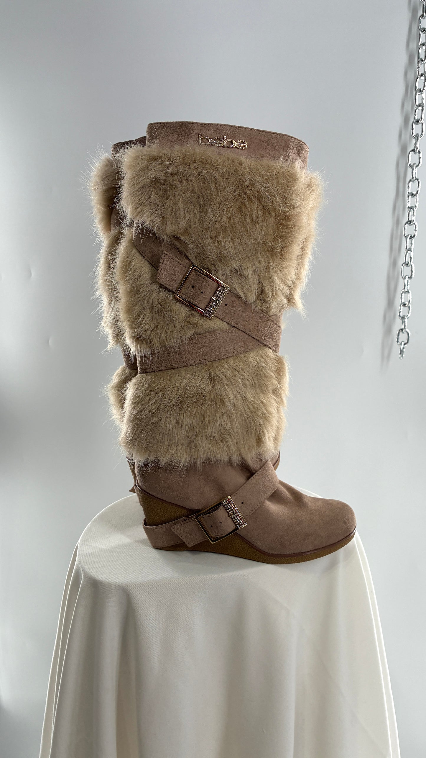 Vintage BEBE Wedge Heel Knee High Vegan Fur, Strappy Boots (6)