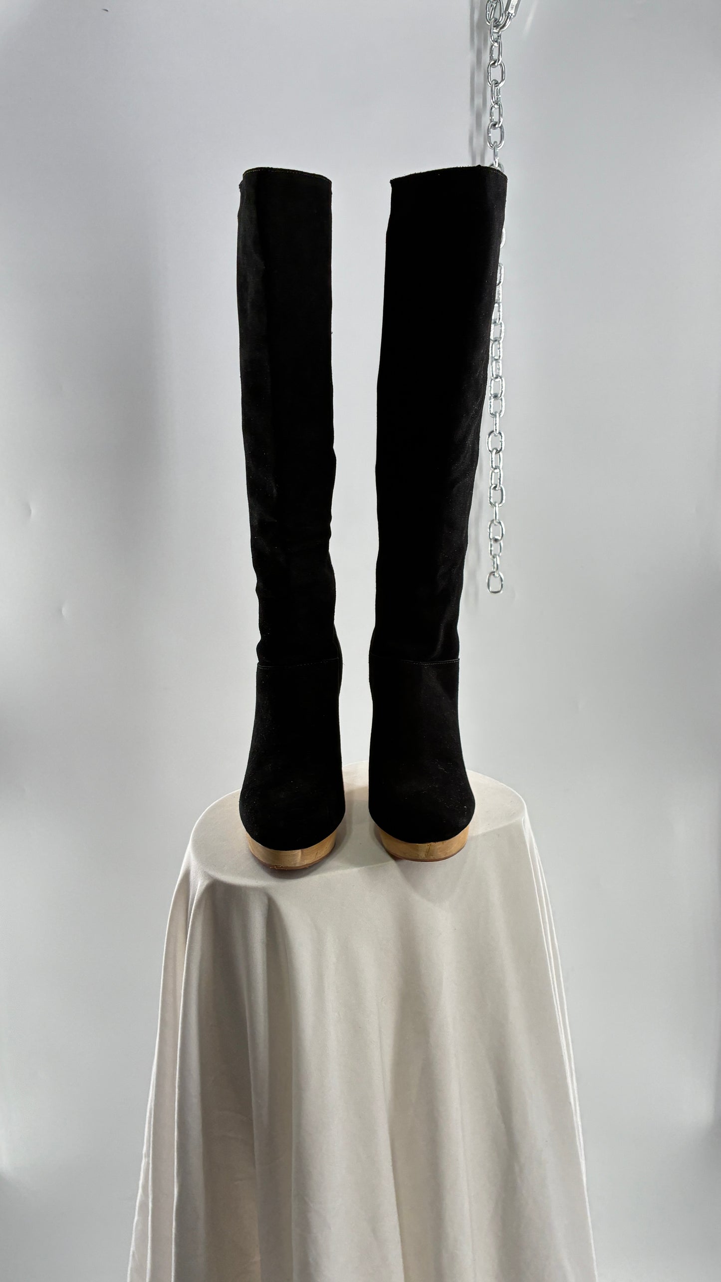 Vintage Black Genuine Suede Leather Knee High Boots with Skinny Wooden Wedge Heel (9)