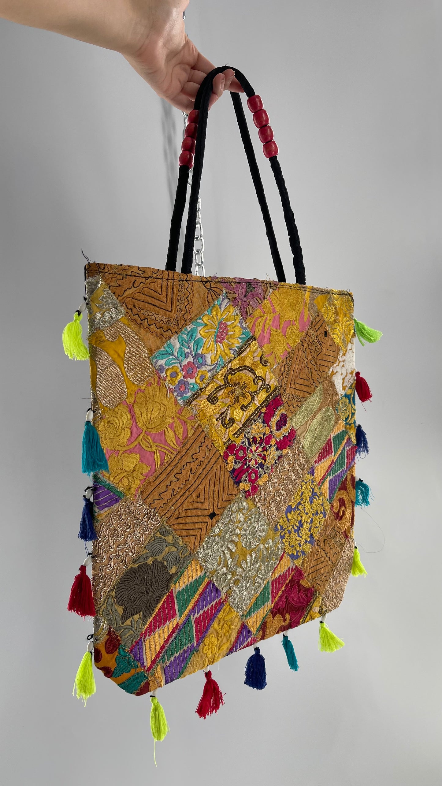Imported Golden Yellow Patchwork Tote from Brazil with Tassel Detailing