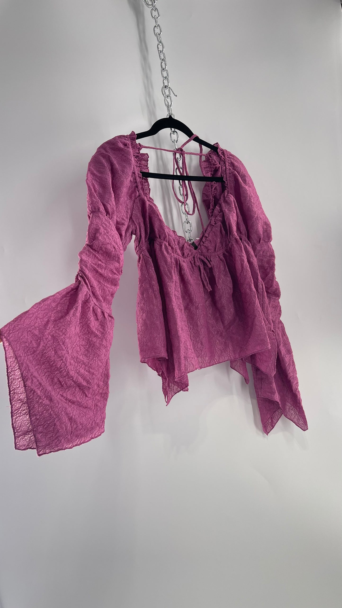 Urban Outfitters Purple Lace Blouse with Handkerchief Slit Hem, Princess Fairy Sleeves, Ruffle Trim Bust and Low Back (Large)