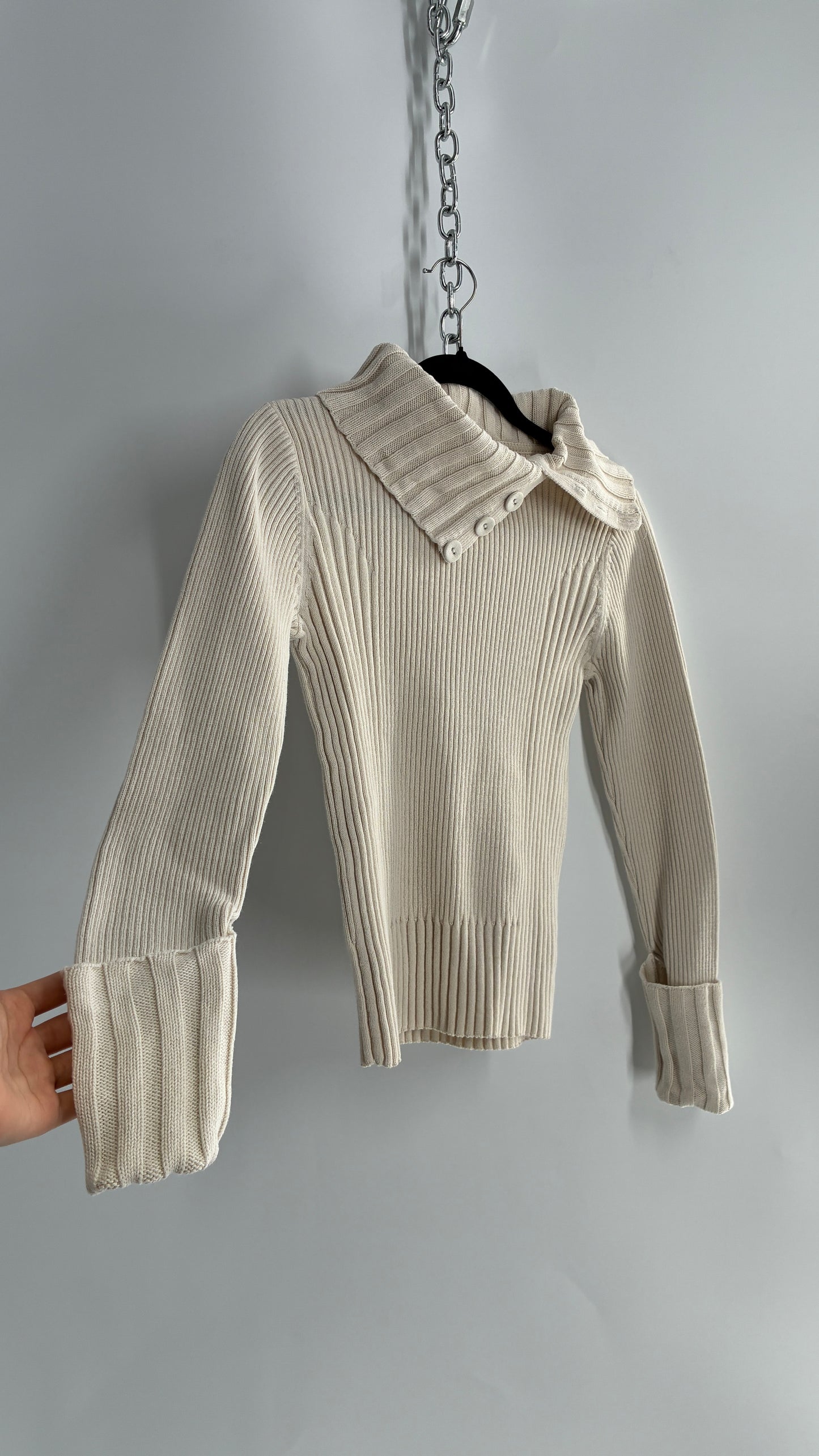 Vintage 1990s DKNY Off White Thick Ribbed Long Sleeve with Fold Over Wrists and Neckline (Medium)