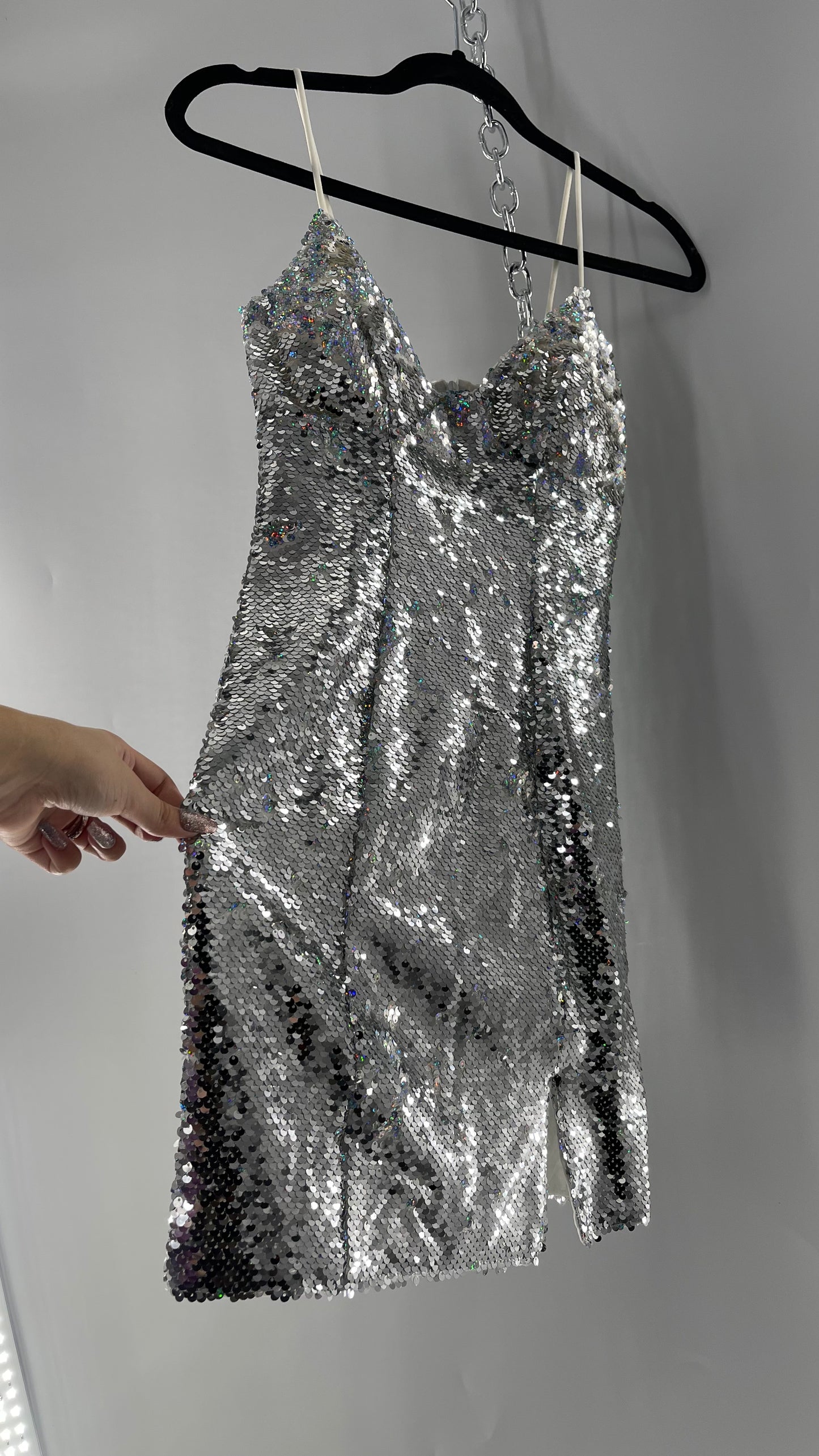 Princess Polly Silver Iridescent Sequin Mini Dress with Triangle Cups and Thigh Slit (0)