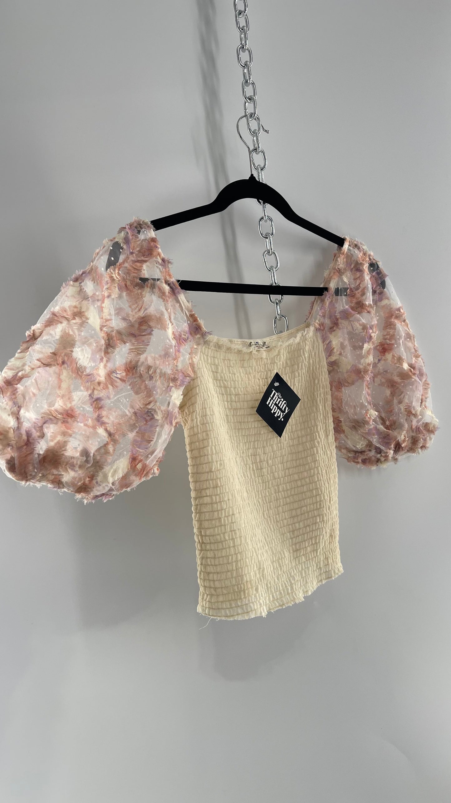 Free People Flower Girl Delicate Romantic Puff Sleeve Top with Smocked Mesh Body (Small)
