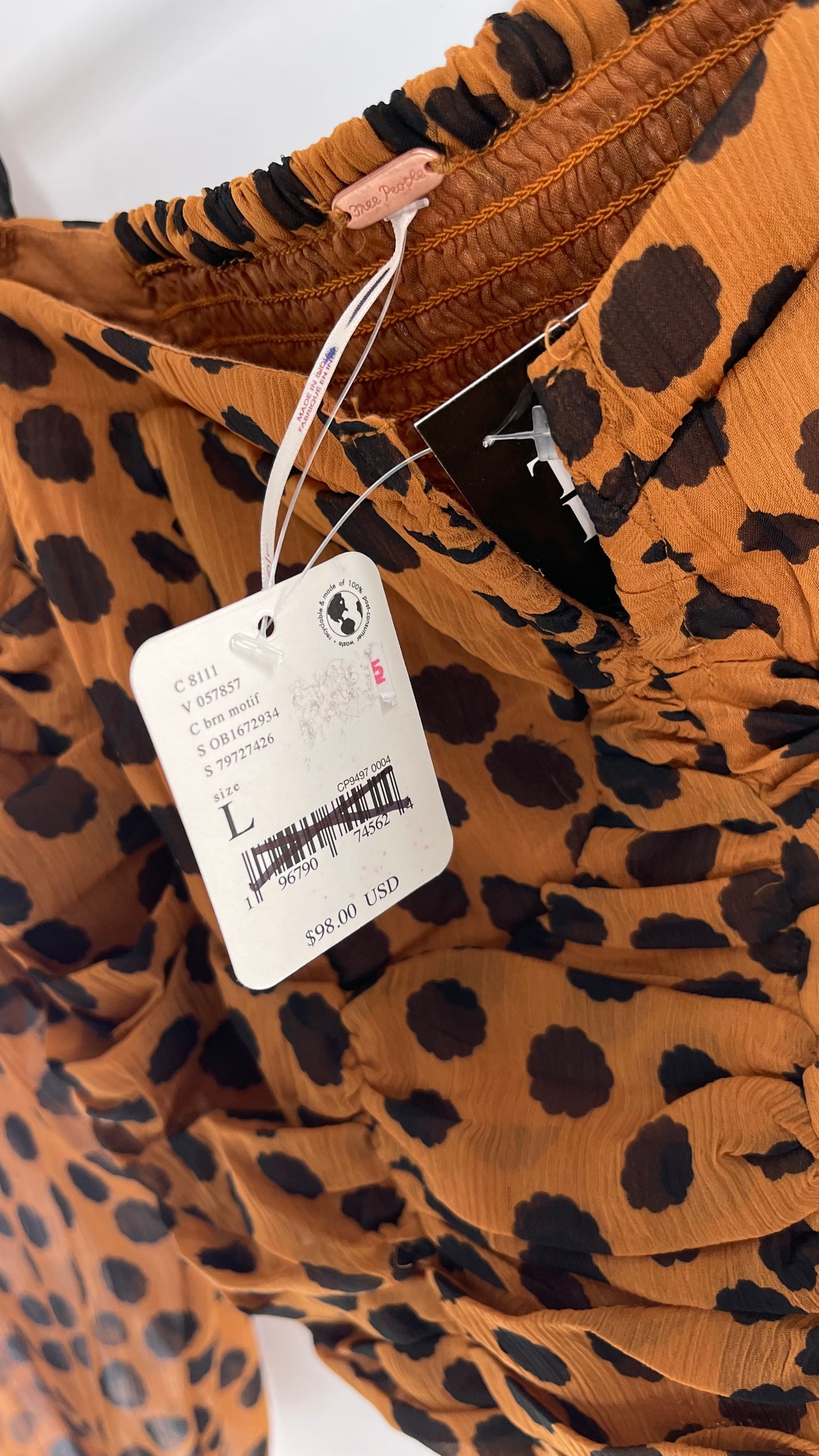 Free People Brown Black Animal Print Blouse with Ruched Bodice and Tags Attached (Large)
