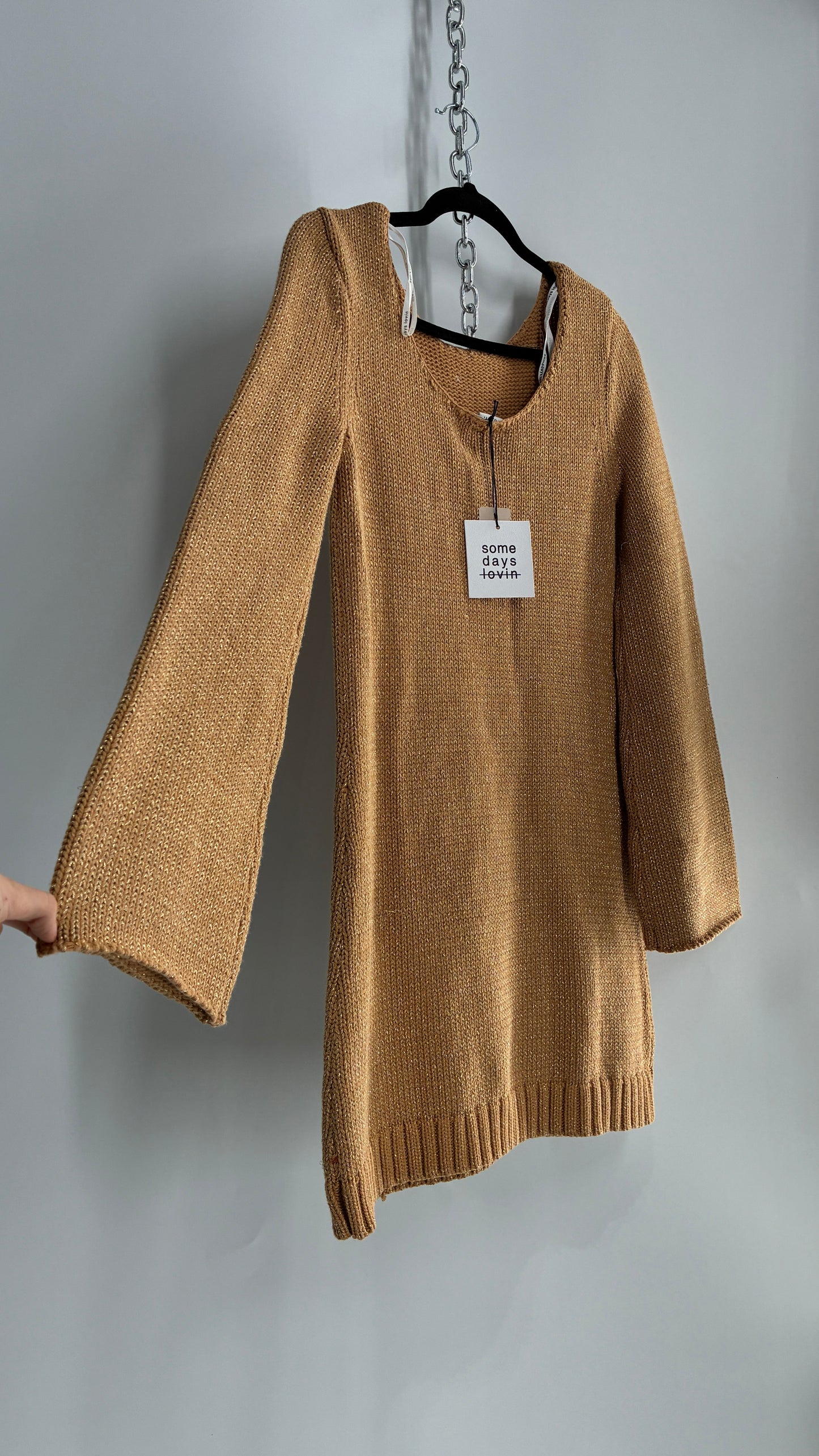 Some Days Lovin Gold Tinsel Knit Bell Sleeve Mini Dress (Small)