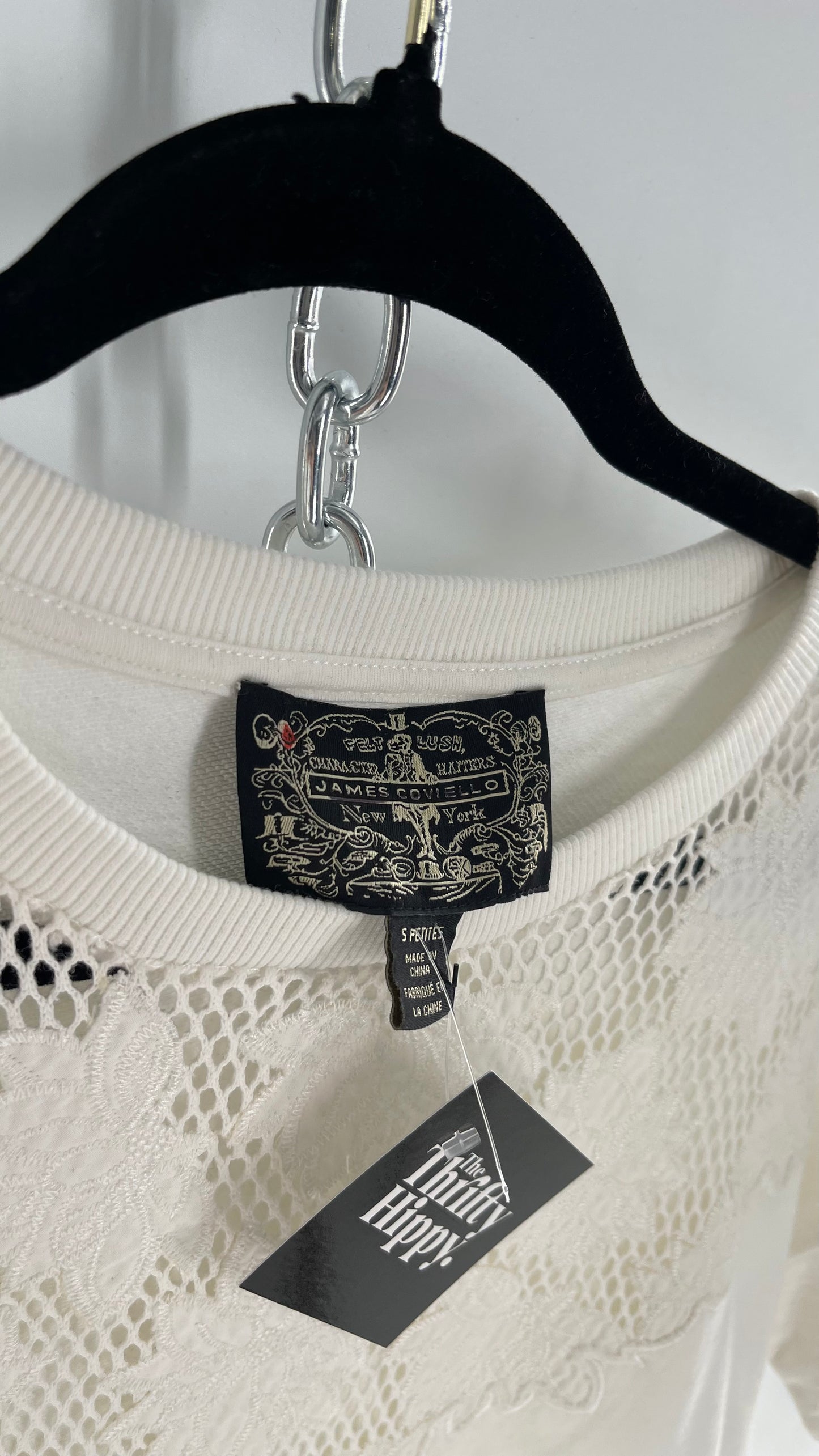 JAMES COVIELLO NY, NY White Thick T Shirt with Embroidered Florals and Mesh (S Petite)