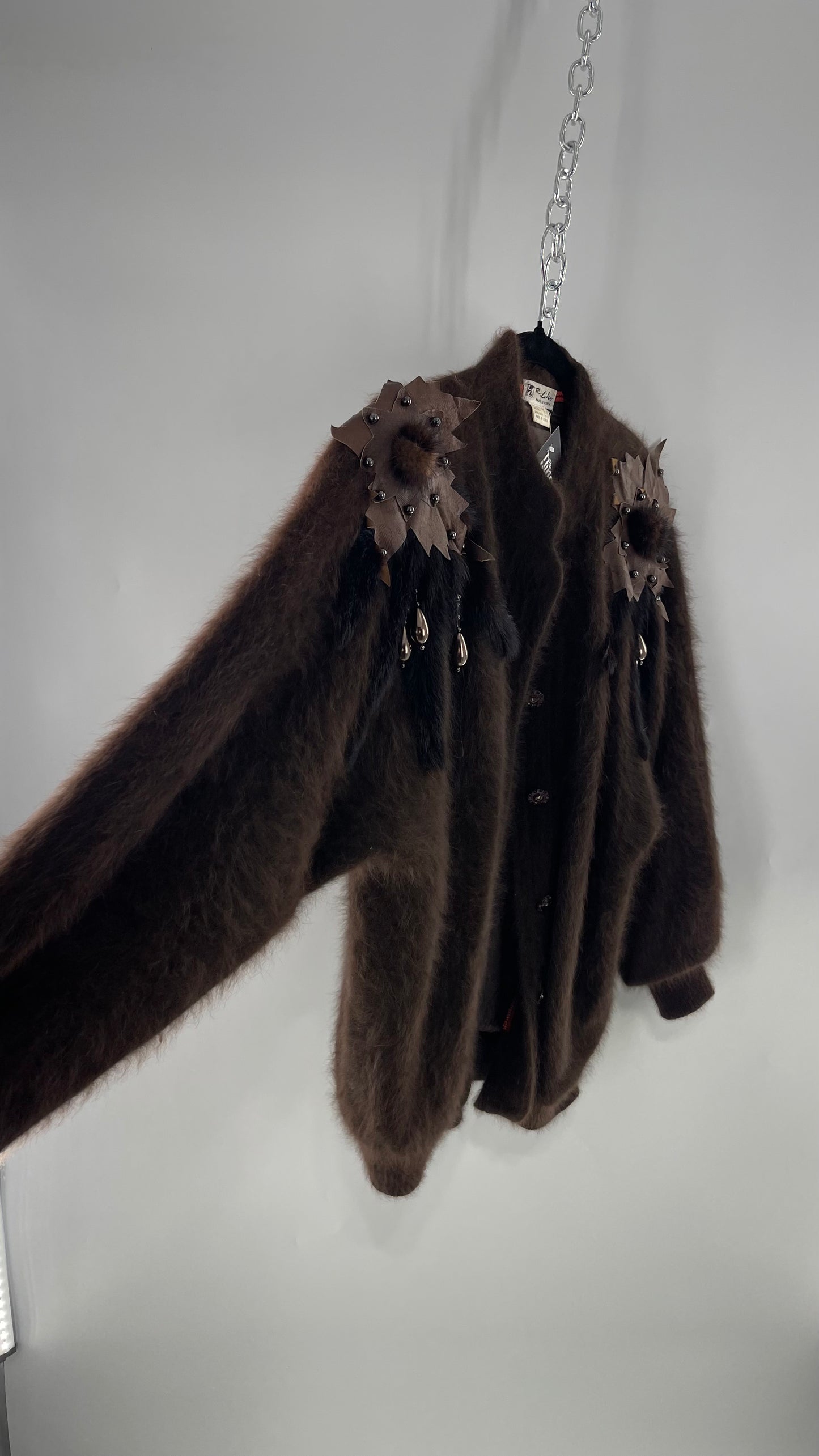 Liho Korean Vintage Brown Cardigan with Leather, Fur and Beaded Detailing 15% Wool 75% Angora  (C)(Medium)