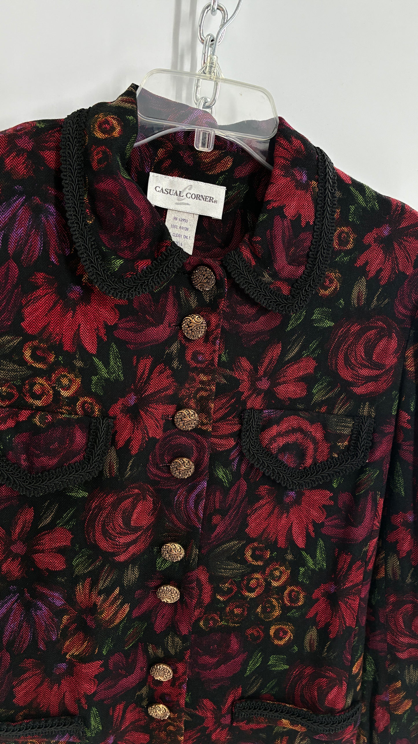 Vintage Suit Set with Gold Button, Deep Floral Blazer and Pleated Upcycled Mini Skirt (6)