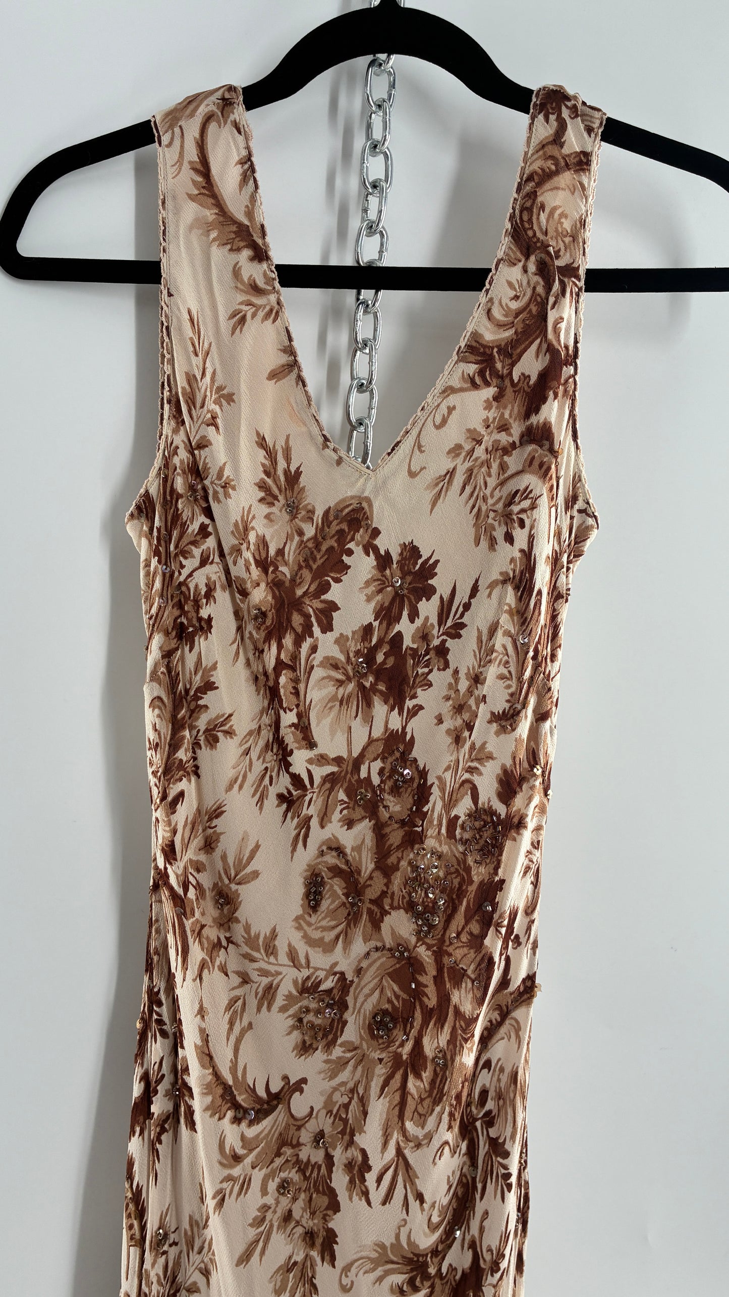 Vintage MAJICK 1990s Brown Floral, Asymmetric Ruffled Hem Gown with Embroidered Sequin Details (Medium)