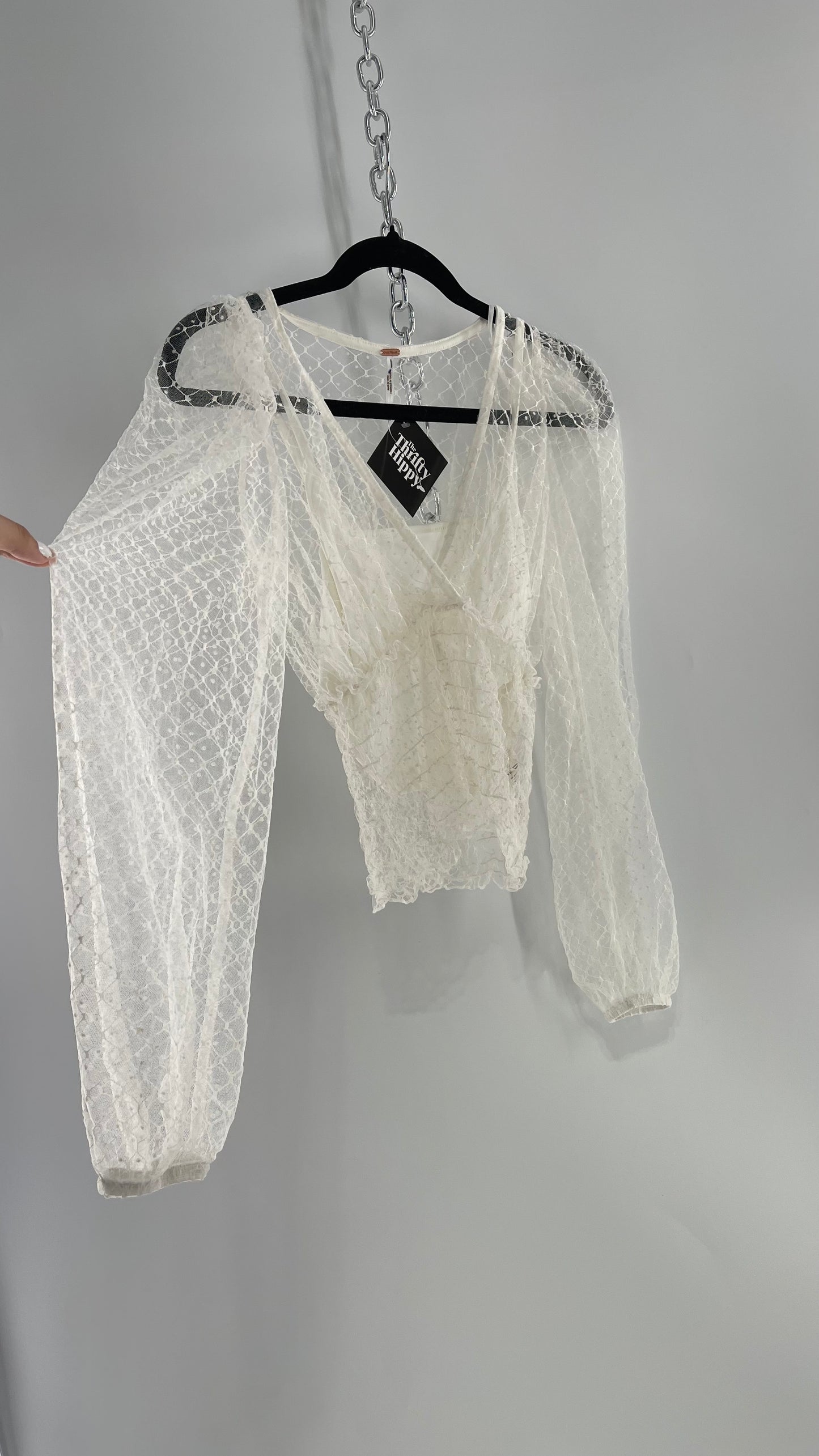 Free People White Embroidered Mesh Blouse with Keyhole Back and Balloon Sleeves (XS)