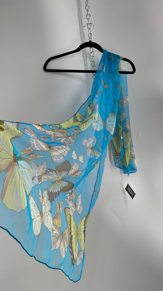 Vintage 100% Silk Blue Butterfly Scarf
