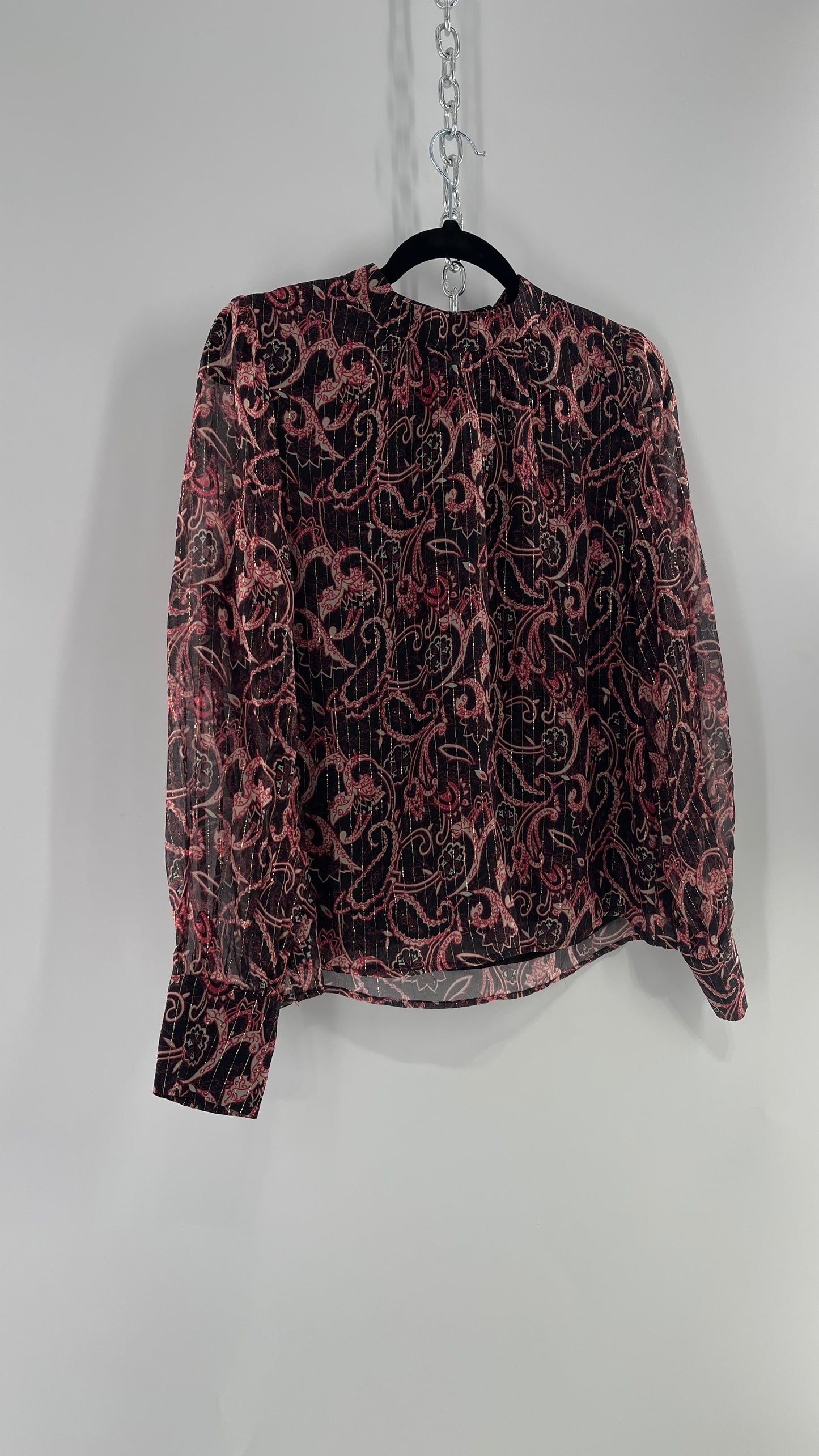 Kachel 95% Silk Black Paisley Blouse with Gold Tinsel Bessie Anthropologie (6)