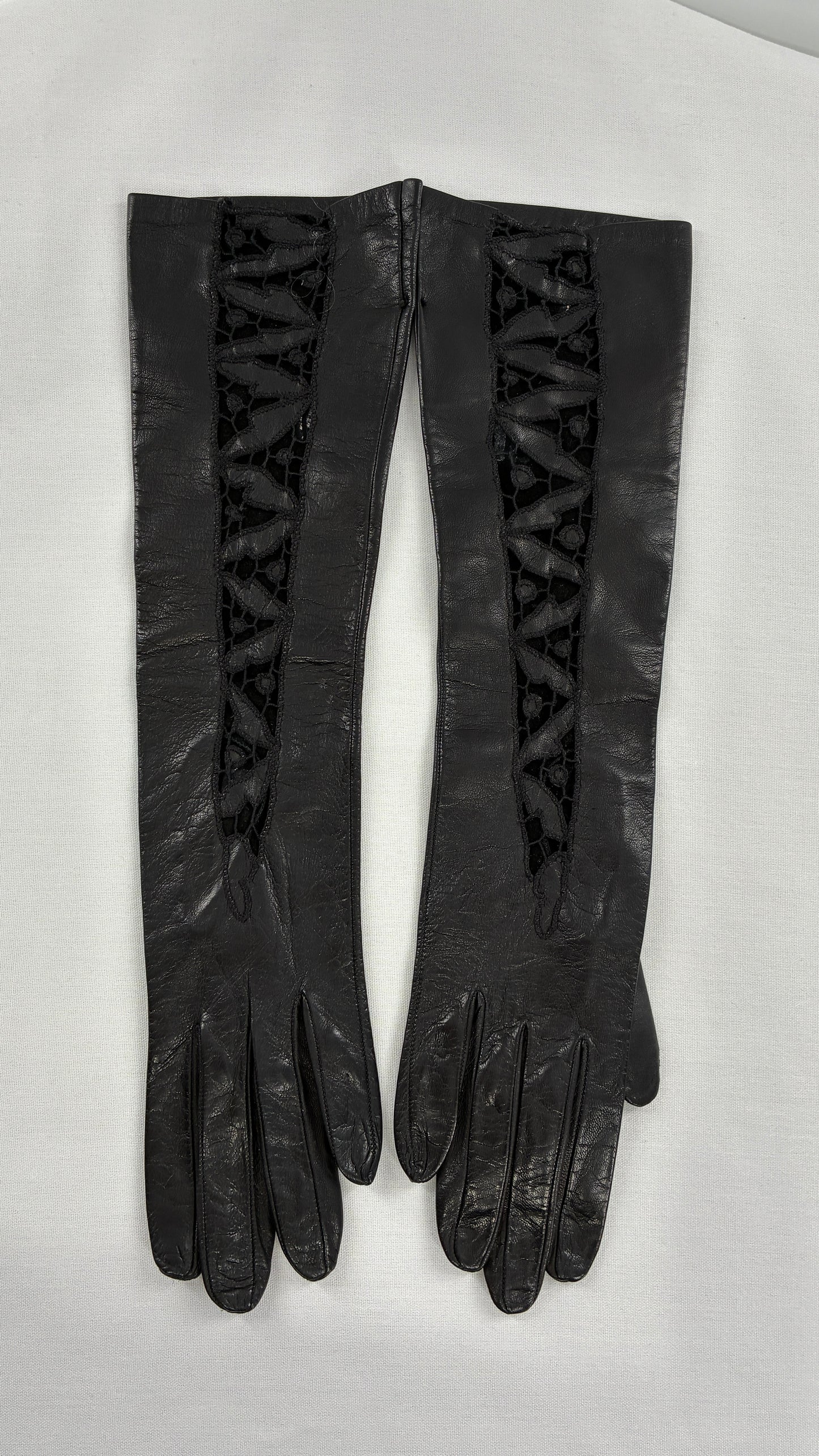 Deadstock Vintage Black Soft Leather Gloves with Lace Detail