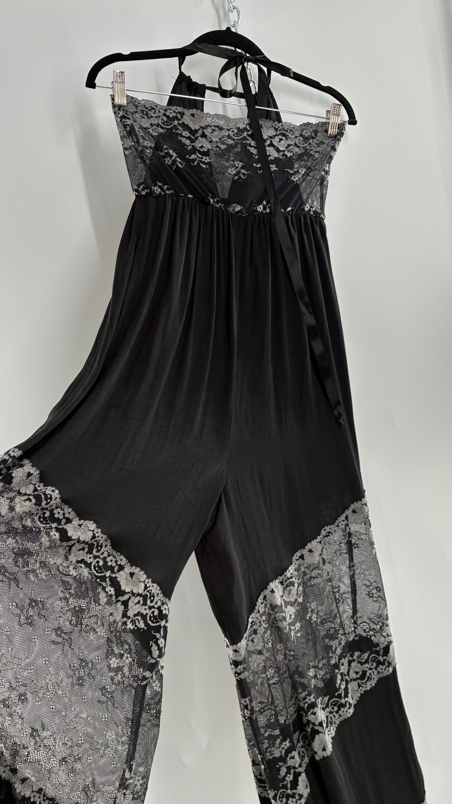 Free People Silky Black Jumpsuit with Grey Lace Paneling and Bandeau (S)