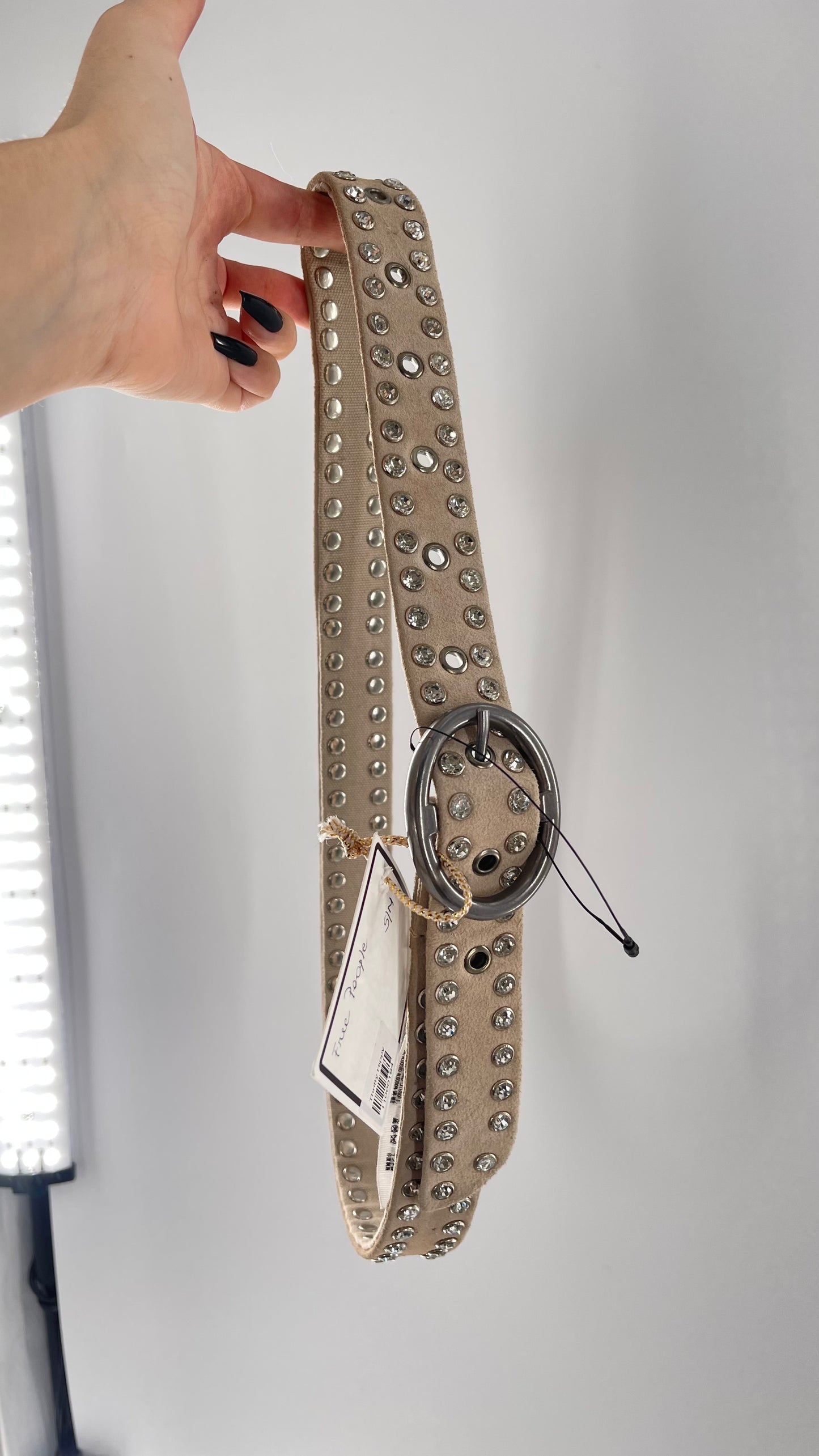 Free People Beige Leather Canvas Studded Rhinestone Crystal Studded Belt with Heavy Metal Buckle (S/M)