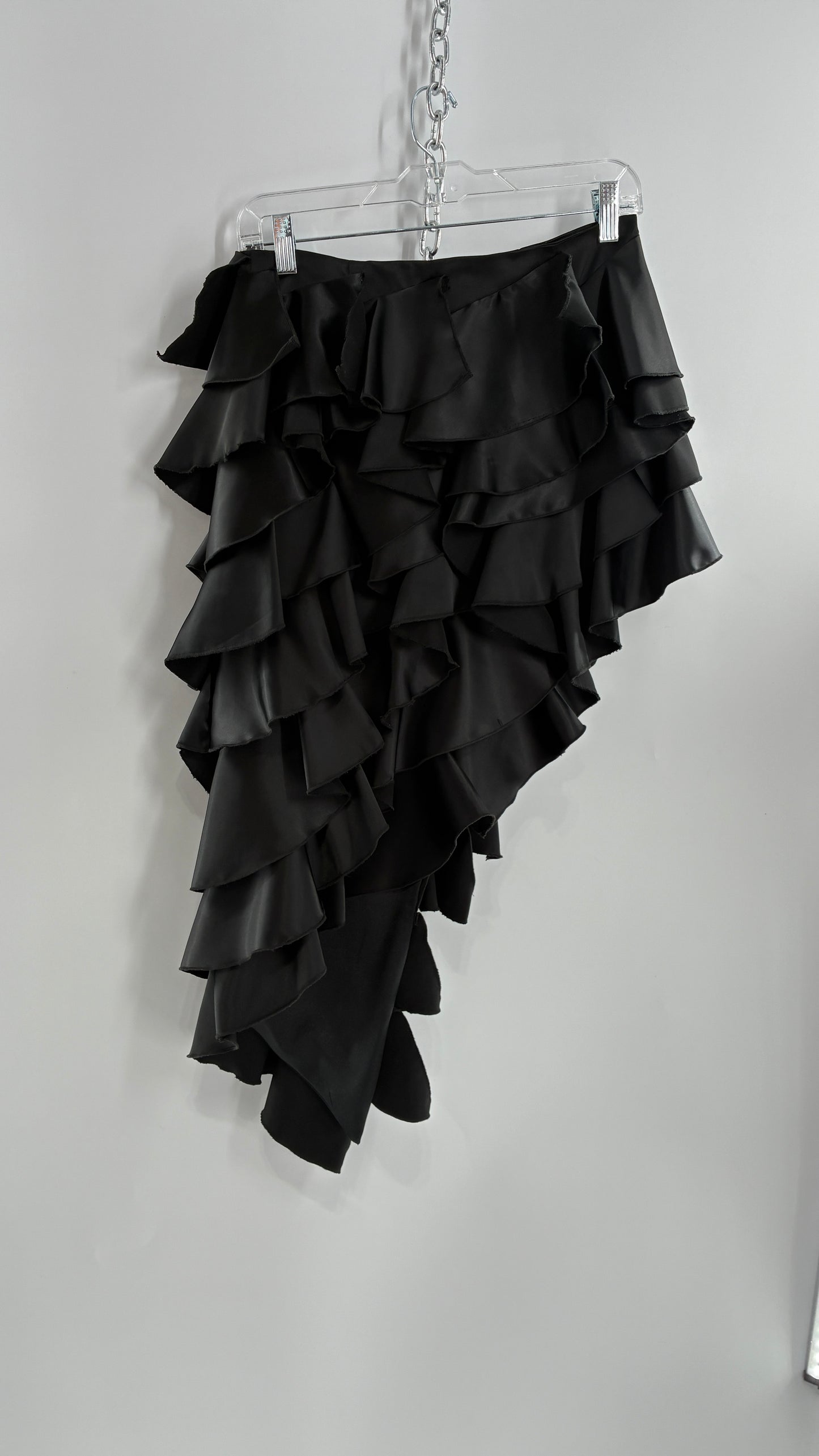 Deadstock Rare 1990s Vintage FRILLY LILLY Black Ruffled Asymmetric Skirt (8)