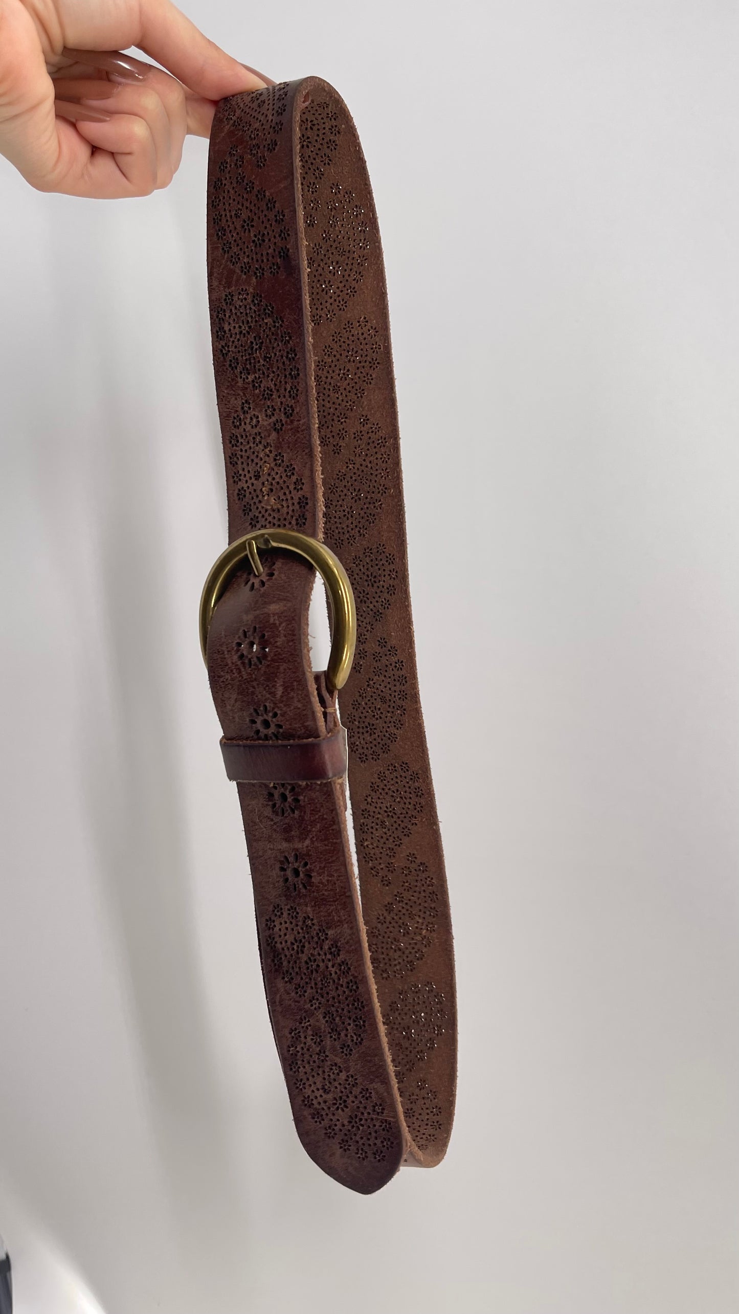 Vintage Lucky Brand Brown Leather Perforated Paisley Belt (Medium)