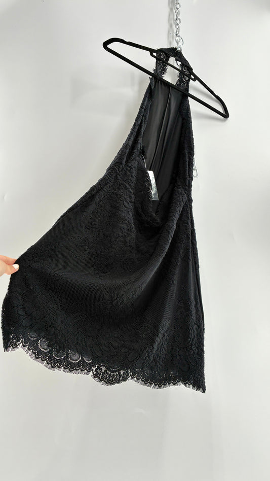 Free People Black Lace Halter Mini Dress with Open Back (Medium)