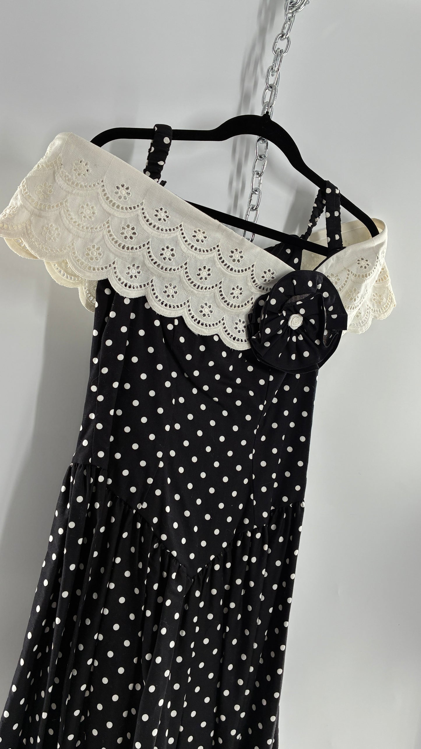 Vintage Handmade Black and White Polka Dot Pointed Waistline Gown with Off the Shoulder Stiff Lace Straps and Rosette Detail (8)