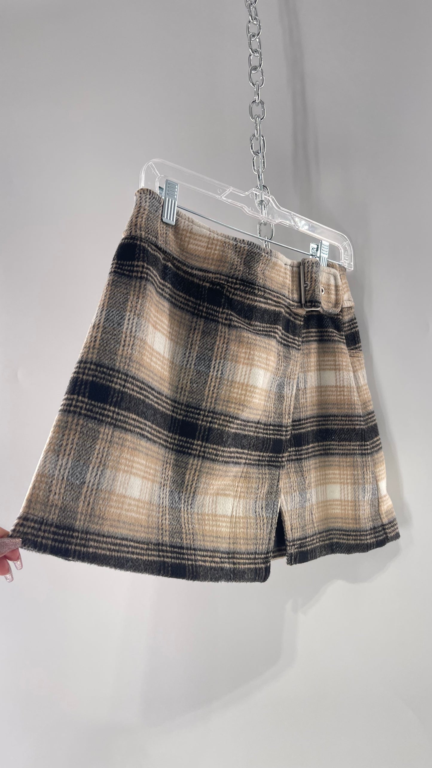 Free People Plaid Beige Gray Soft Mini Skirt with Side Slit and Built in Grommet Belt