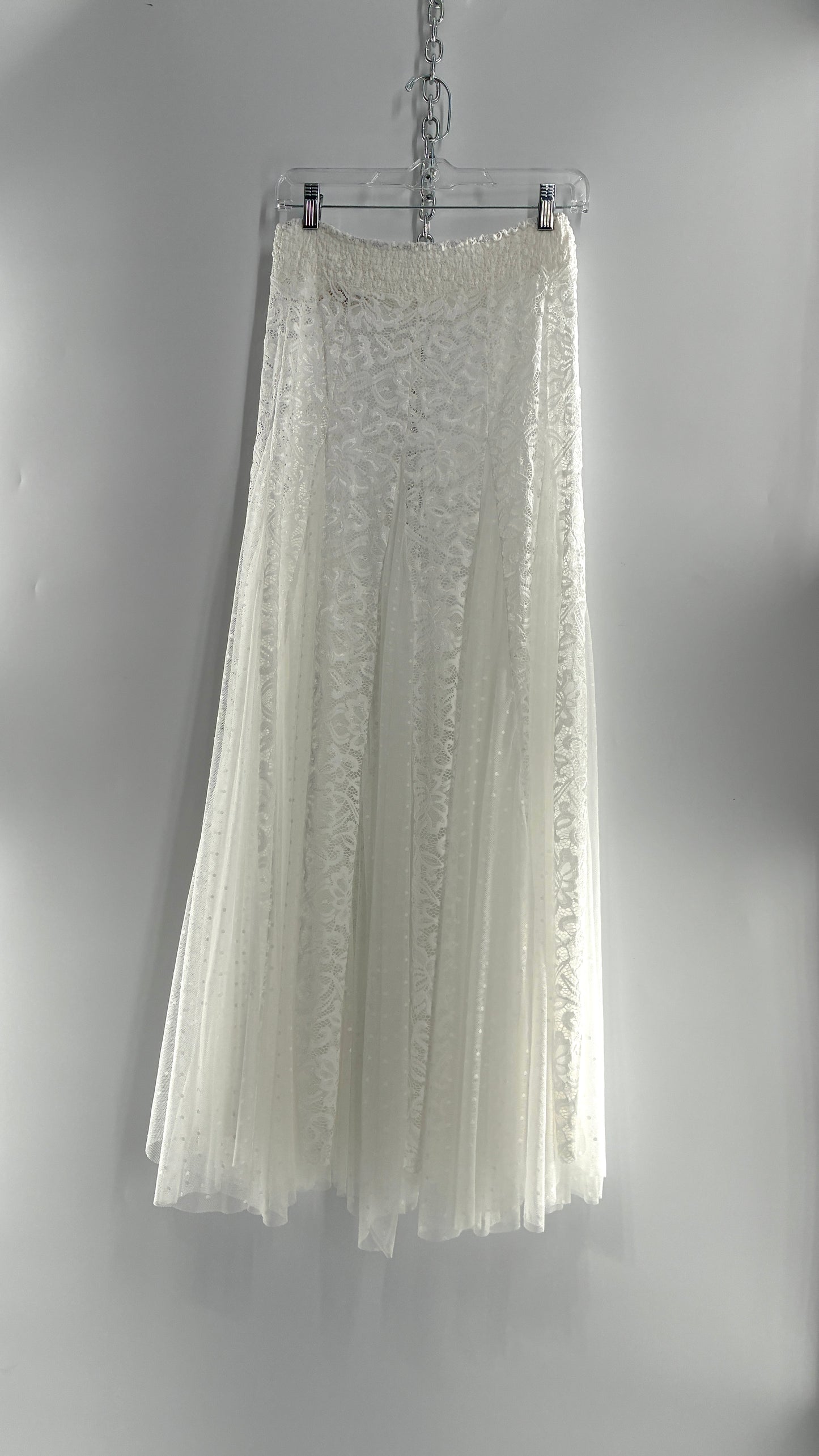 Intimately Free People White Lace and Polka Dot Mesh Voluminous Full Length Skirt (Medium)