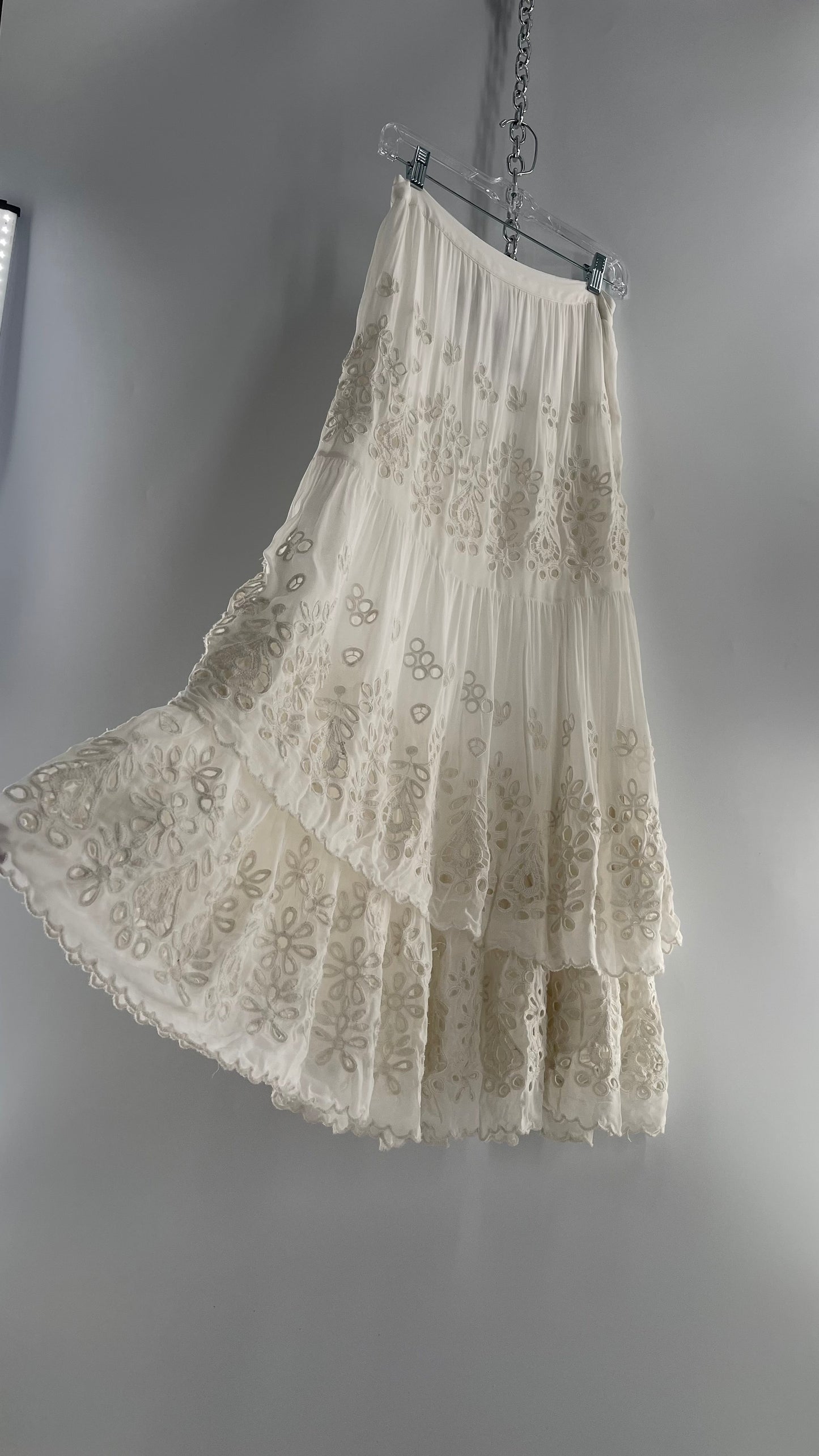 Free People White Embroidered Eyelet/Lace Voluminous Tiered Ruffle Full Length Skirt (4)