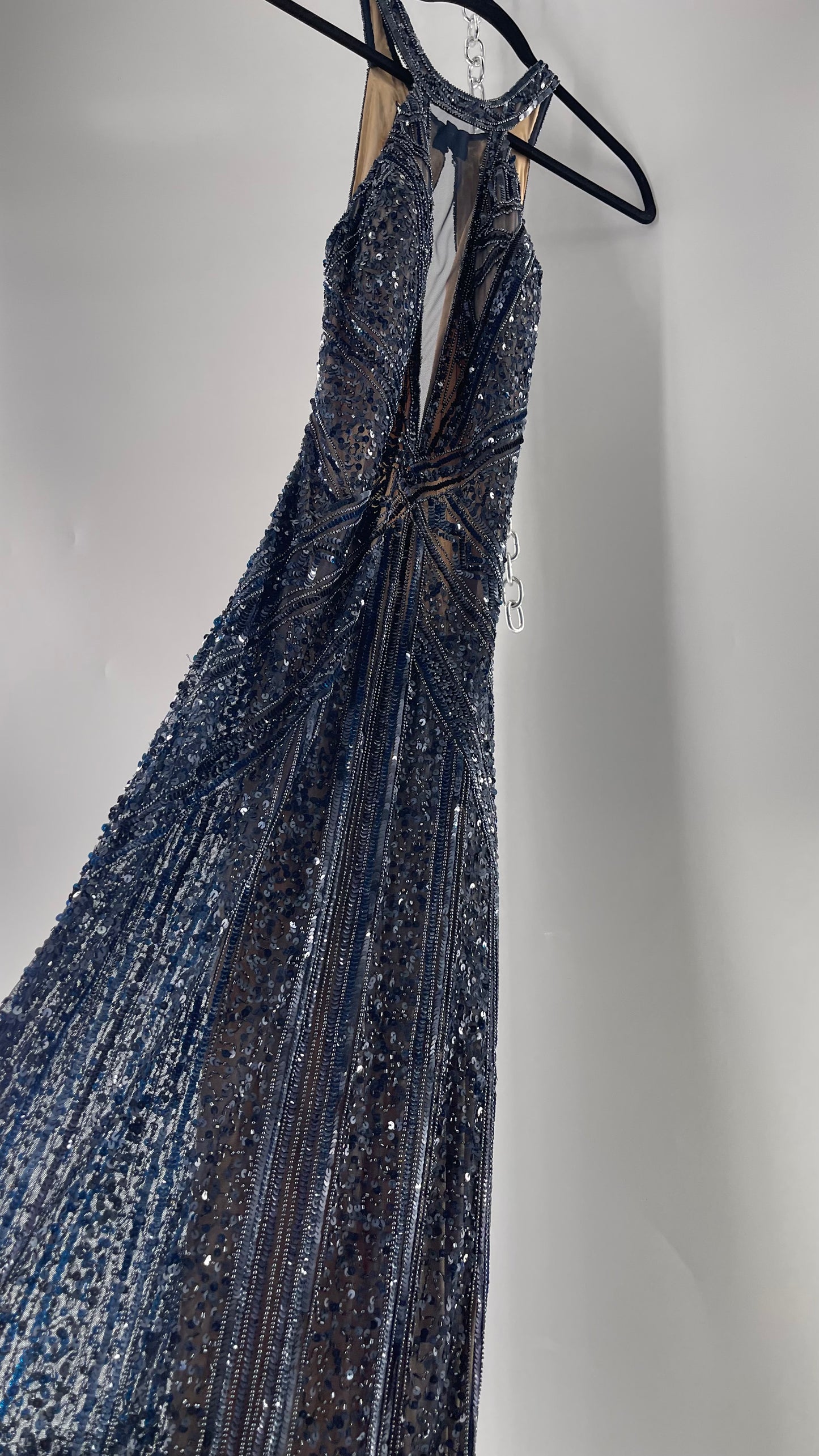 Vintage SCALA Navy Blue Beaded Floor Length Gown with Plunging Neckline, Backless Detail, and Tan Underlay (C)(4)