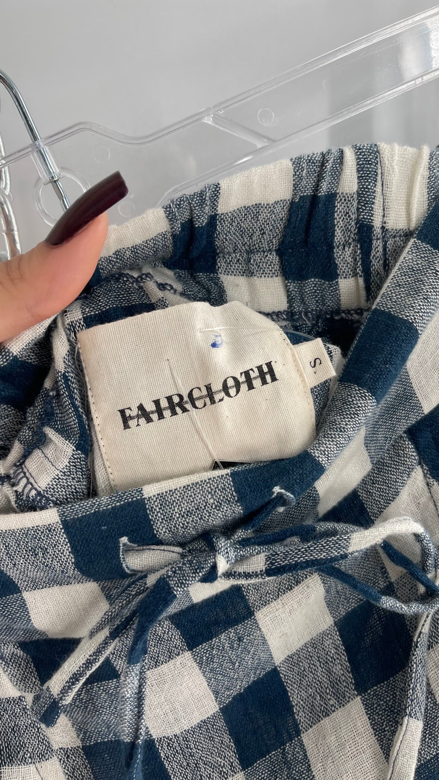FAIRCLOTH Gingham Checkered White and Blue Linen/Cotton Cropped Drop Crotch (Small)