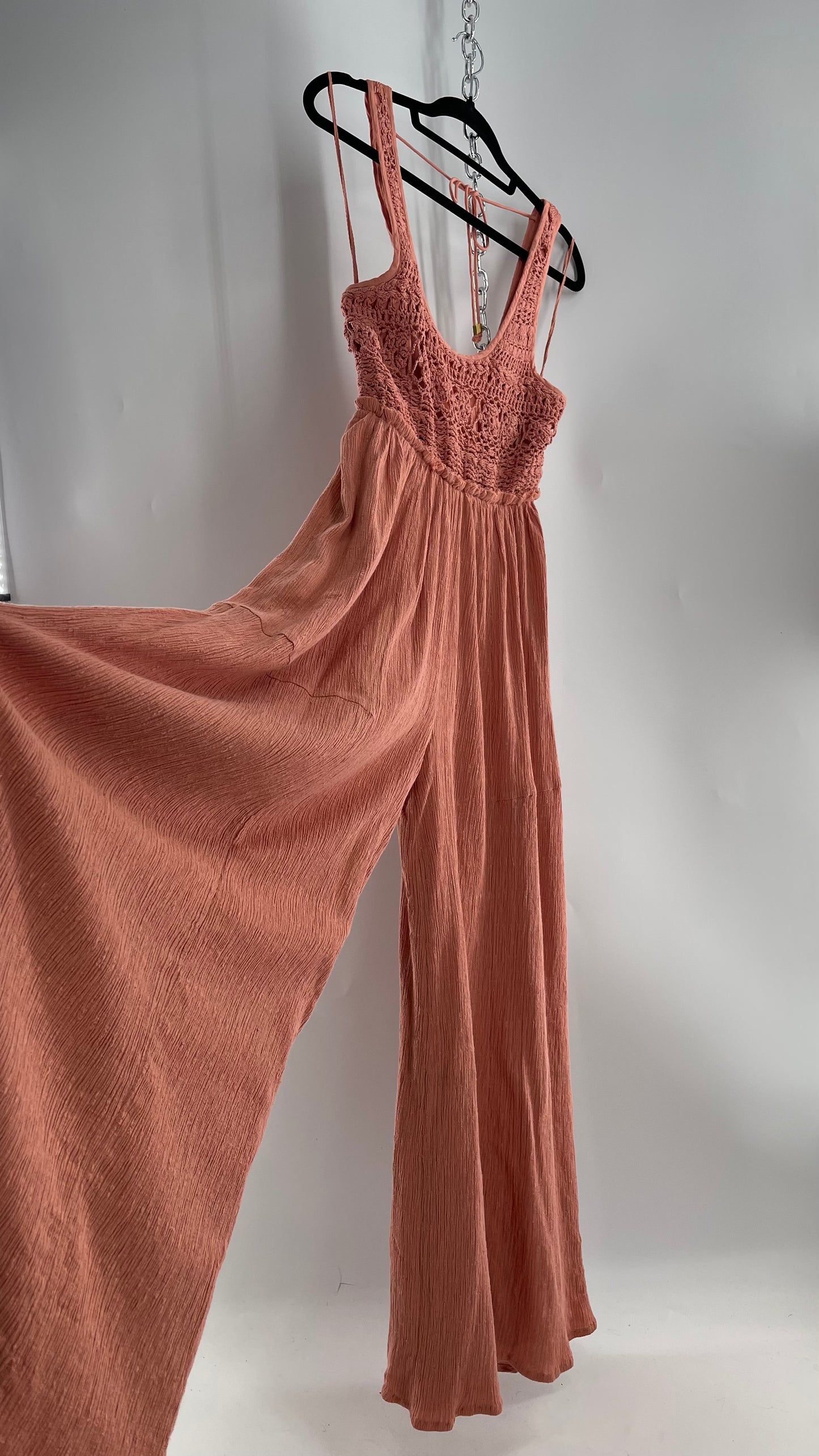 Free People Rose/Peach Pink Wide Leg Jumpsuit with Crochet Bust and Tags Attached (XS)