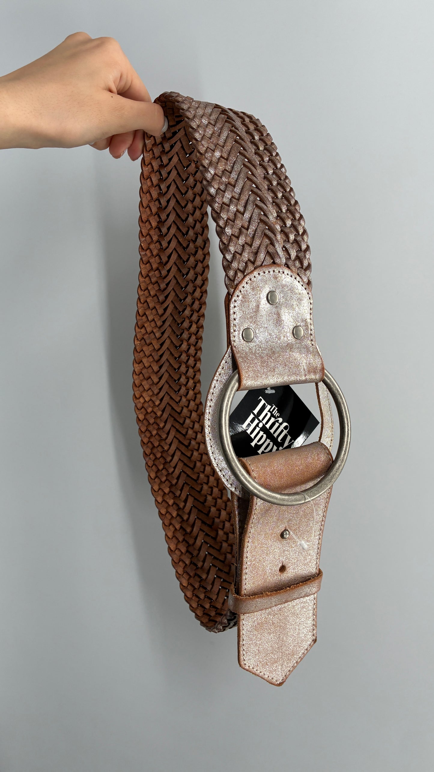 Vintage ARMANI Metallic Silver Thick Braided Leather Belt with Oversized Metal Loop Buckle (Small)