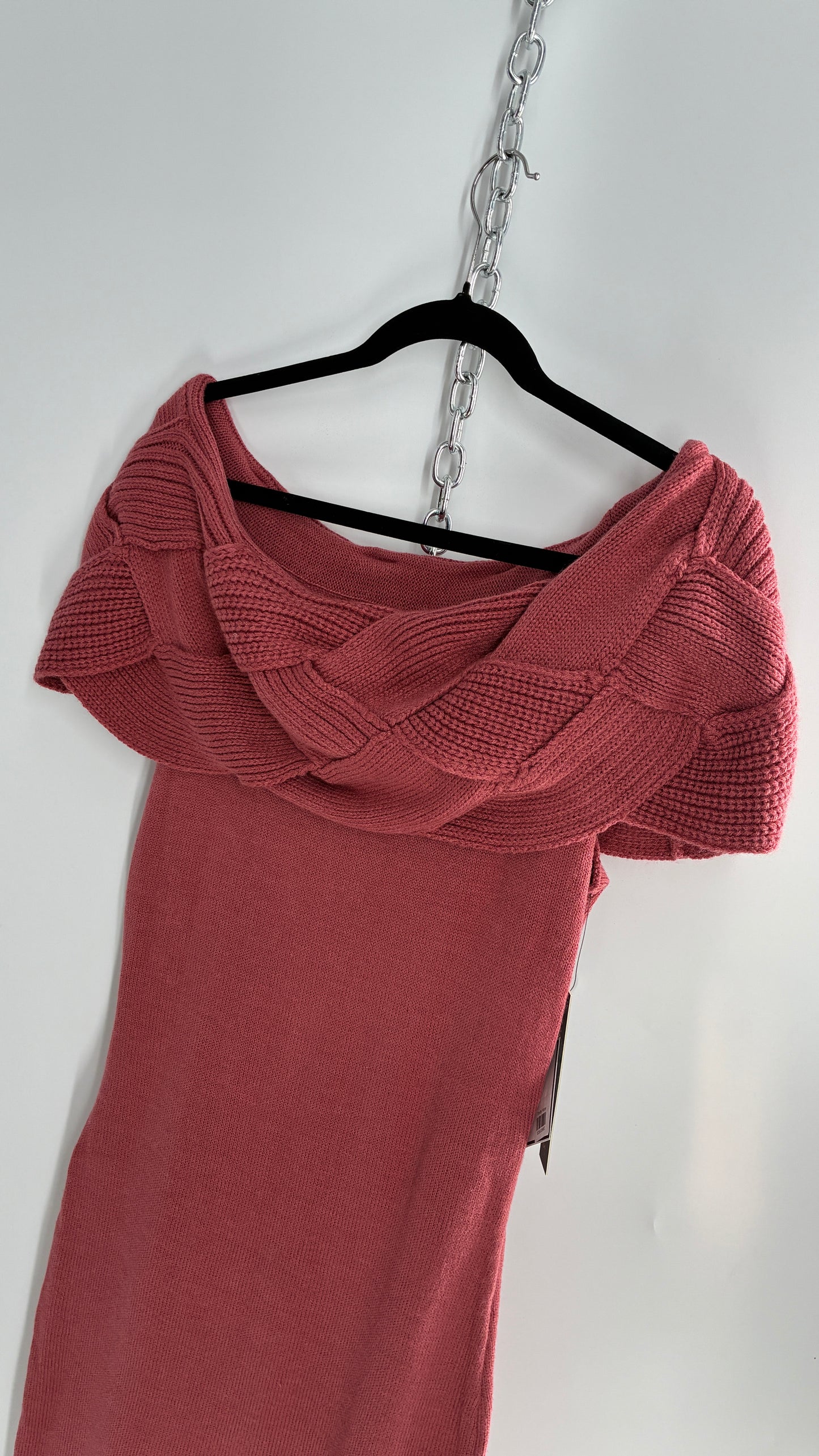 Vintage ALMOST FAMOUS Rosy Mauve Knit Dress with Woven Braided Off the Shoulder Detail and Tags Attached (Large)