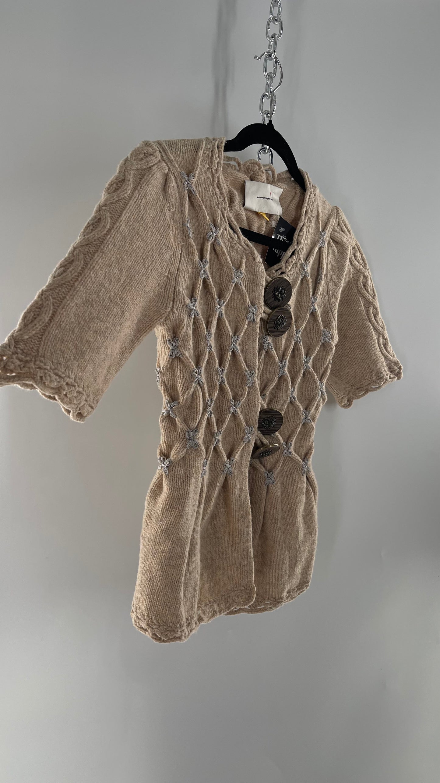 Anthropologie Leifsdottir Knit Argyle Embroidered Sweater with Oversized Statement Buttons (XS)
