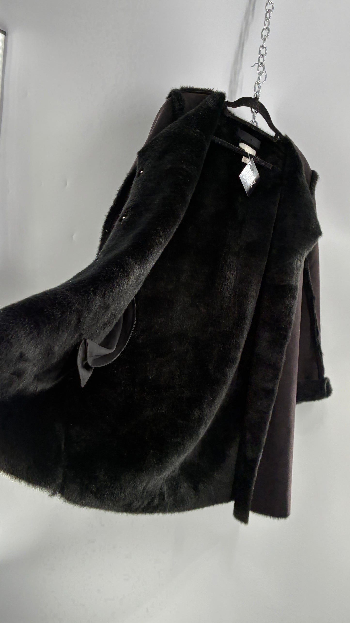 Vintage H&M Black Faux Suede Coat with Faux Fur Piping (12)