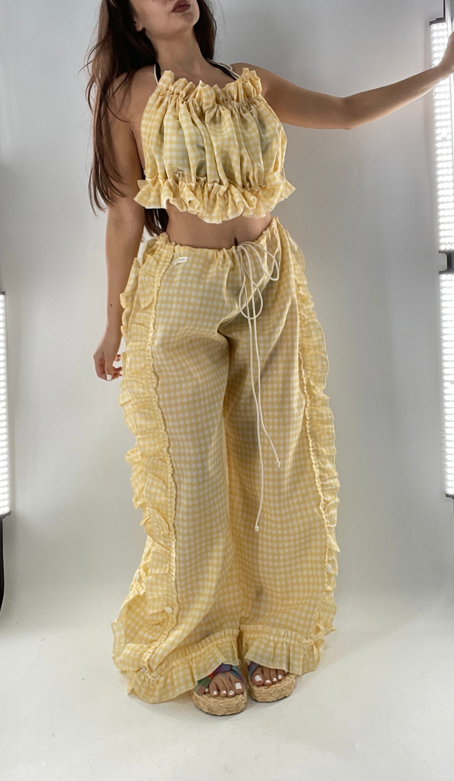 Vintage 2 Piece Yellow Checkered/Gingham Patterned Picnic Set with Ruched Bust Top and Ruffle Side Wide Legs with Adjustable Length, Strap Up Buttons on Hem (One Size)