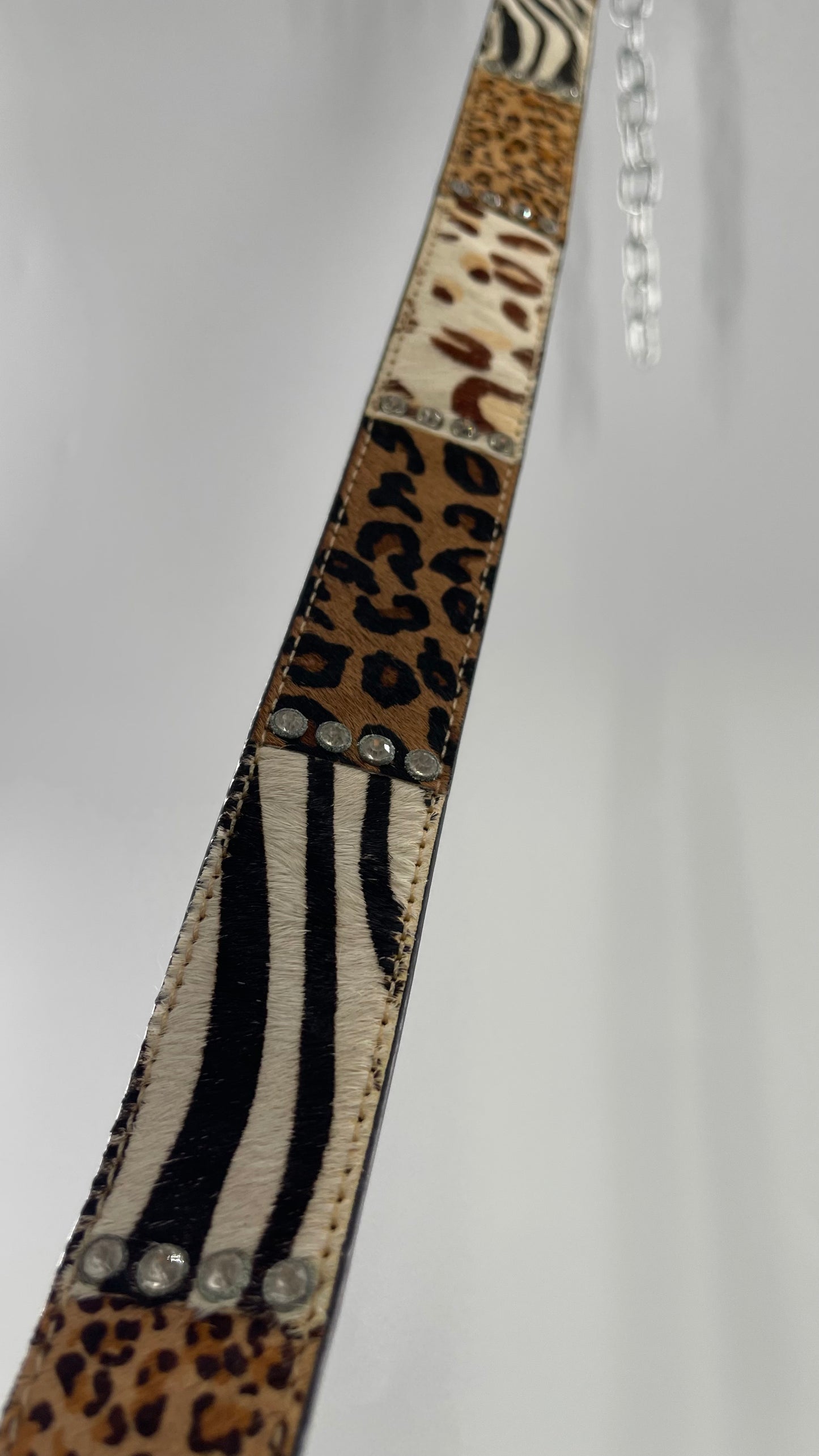 Vintage Pony Fur Animal Print Patchwork Belt with Rhinestone Buckle and Embellishments (Medium)