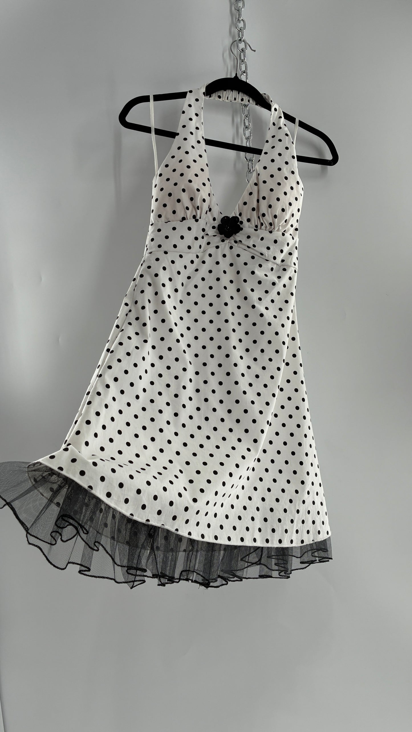 Deadstock Vintage Ruby Rox Retro Style White and Black Polka Dotted Mini Dress with Tulle Trim (7)