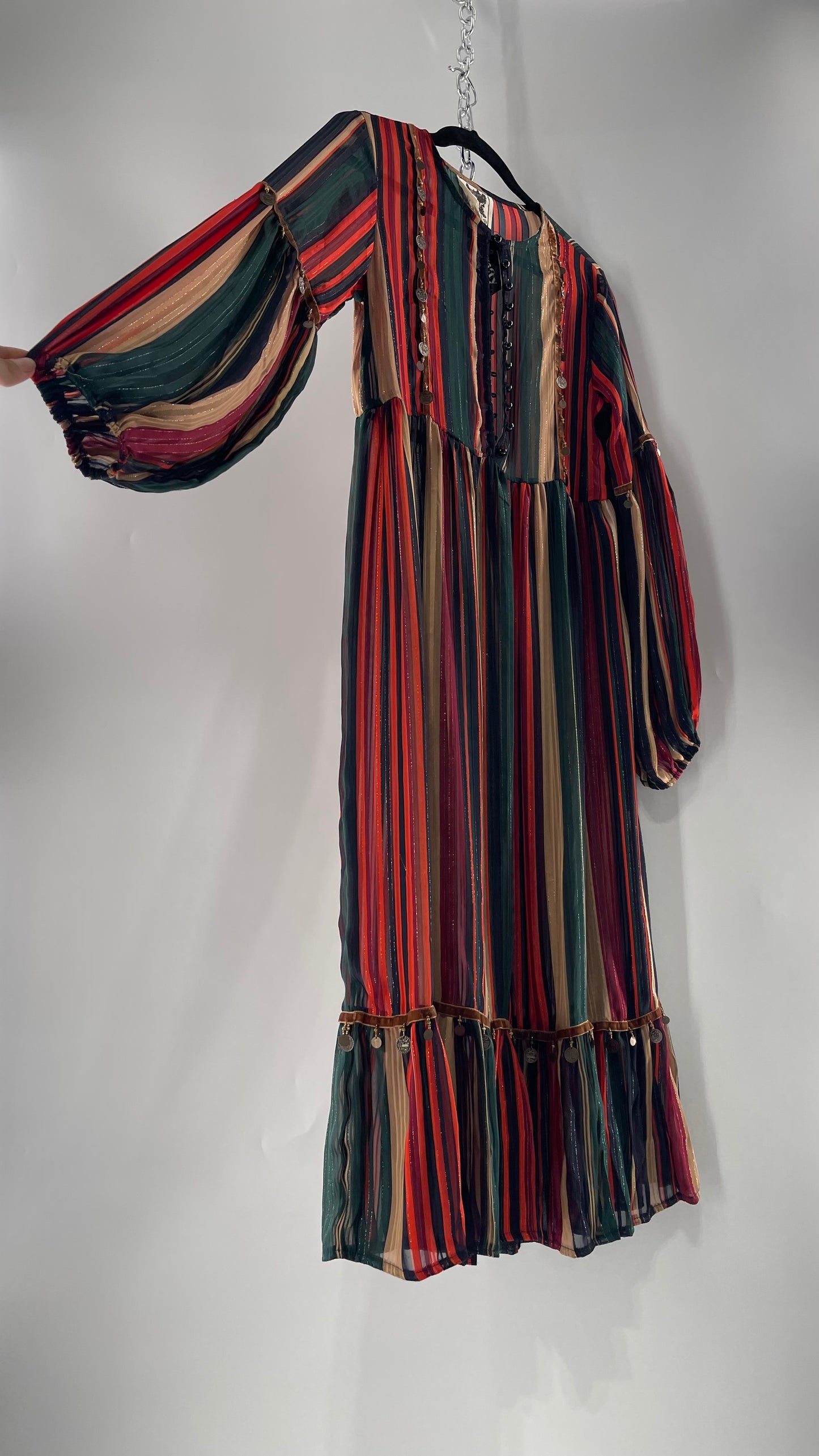JAASE Striped MIDI Dress with Ruffled Hem, Coin Detailing, Dramatic Button Front Dress (XS)