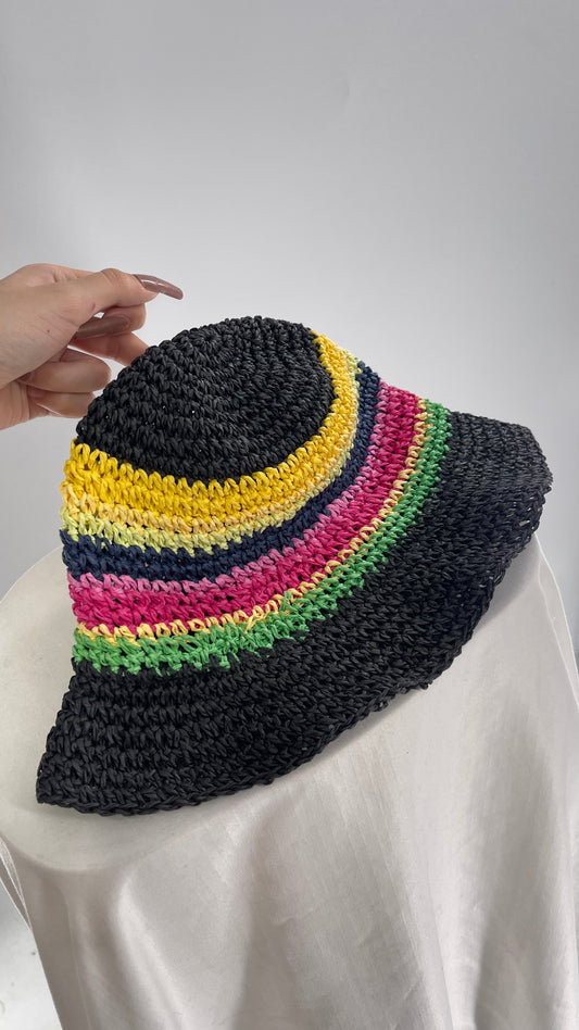 Black Striped Straw Sun/Bucket Hat