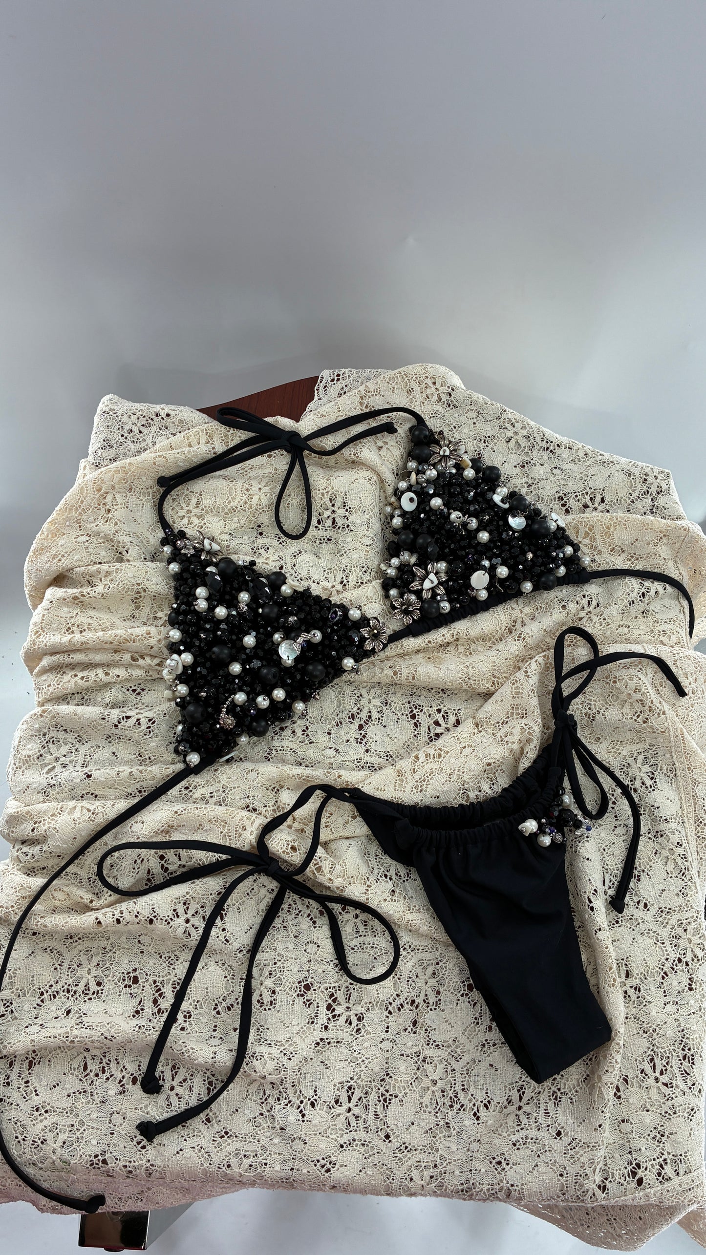 CUSTOM 1/1 Black Swimsuit Covered in Hand Placed and Sewn Beads, Charms, and Gems (MEDIUM)