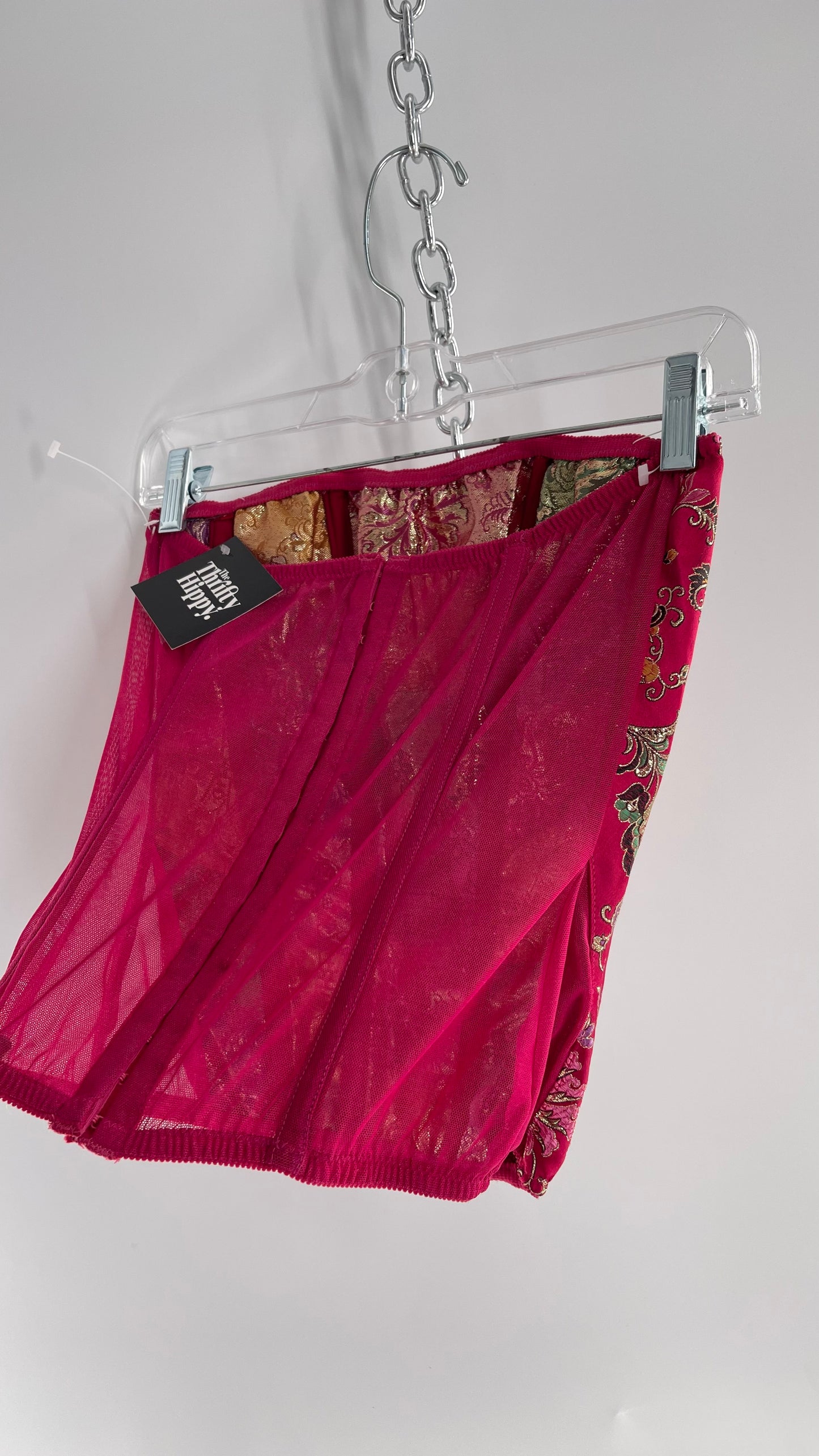 Vintage 1990s HOT Hot Pink Jacquard Metallic Boned Corset with Mesh Back and Hips (Small)