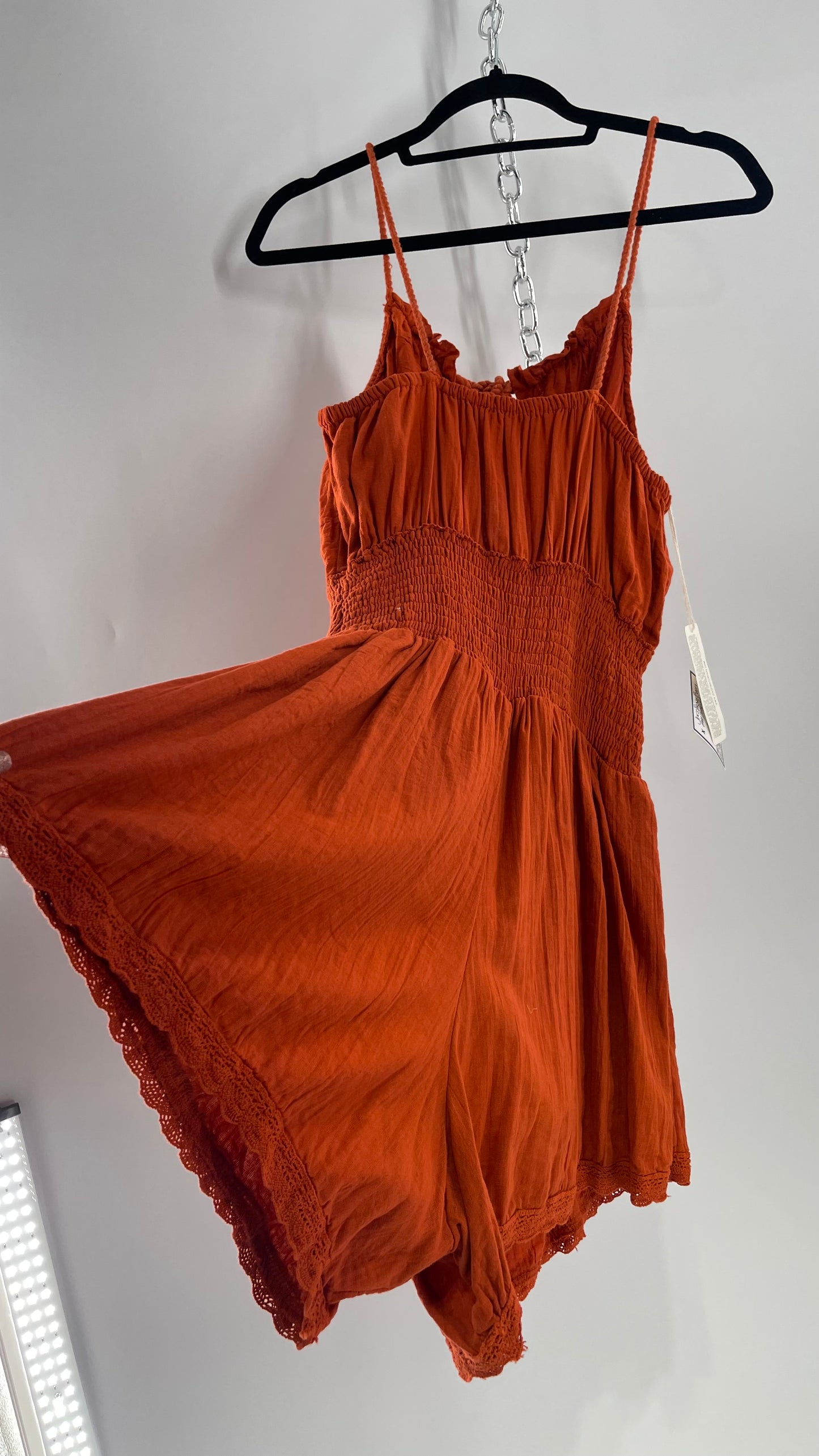 Free People Burnt Orange Smocked Pointed Waistline, Open Bust Jen’s Pirate Booty Romper Tags Attached 100% Cotton(XL)