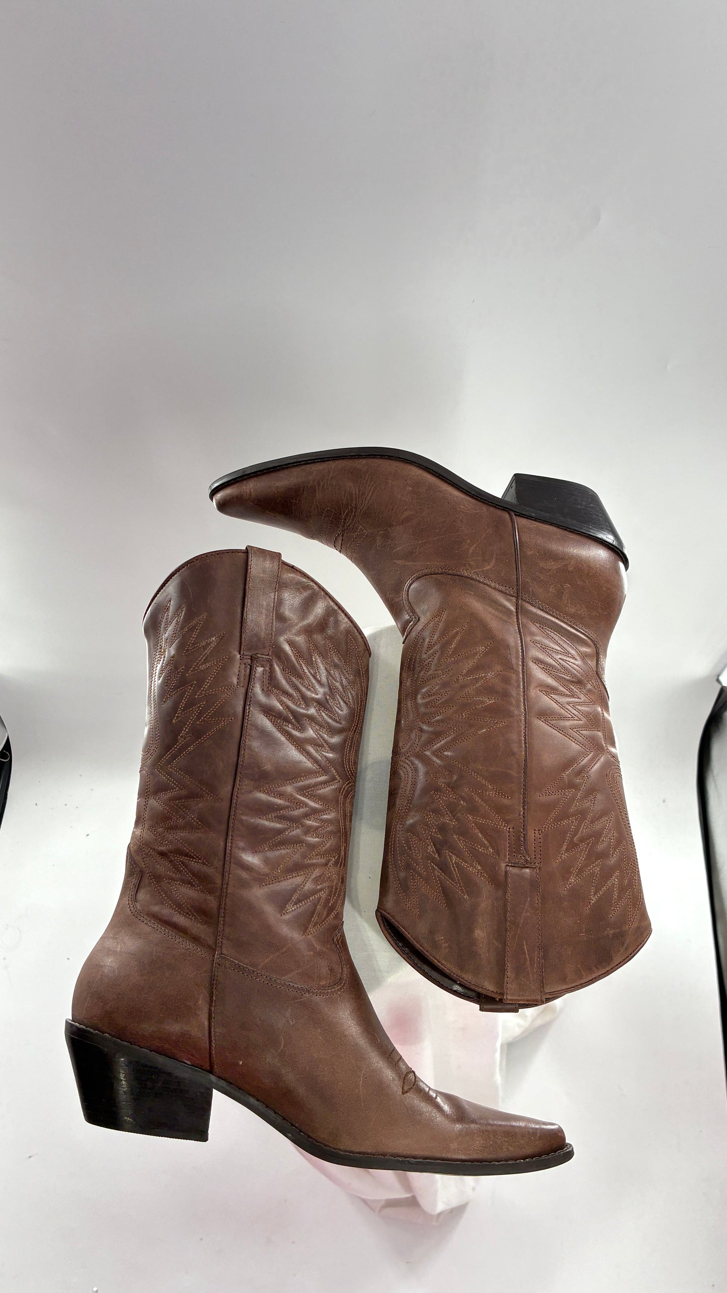 Vintage Genuine Leather Brown Cowboy Boots Made in Brazil (9.5)