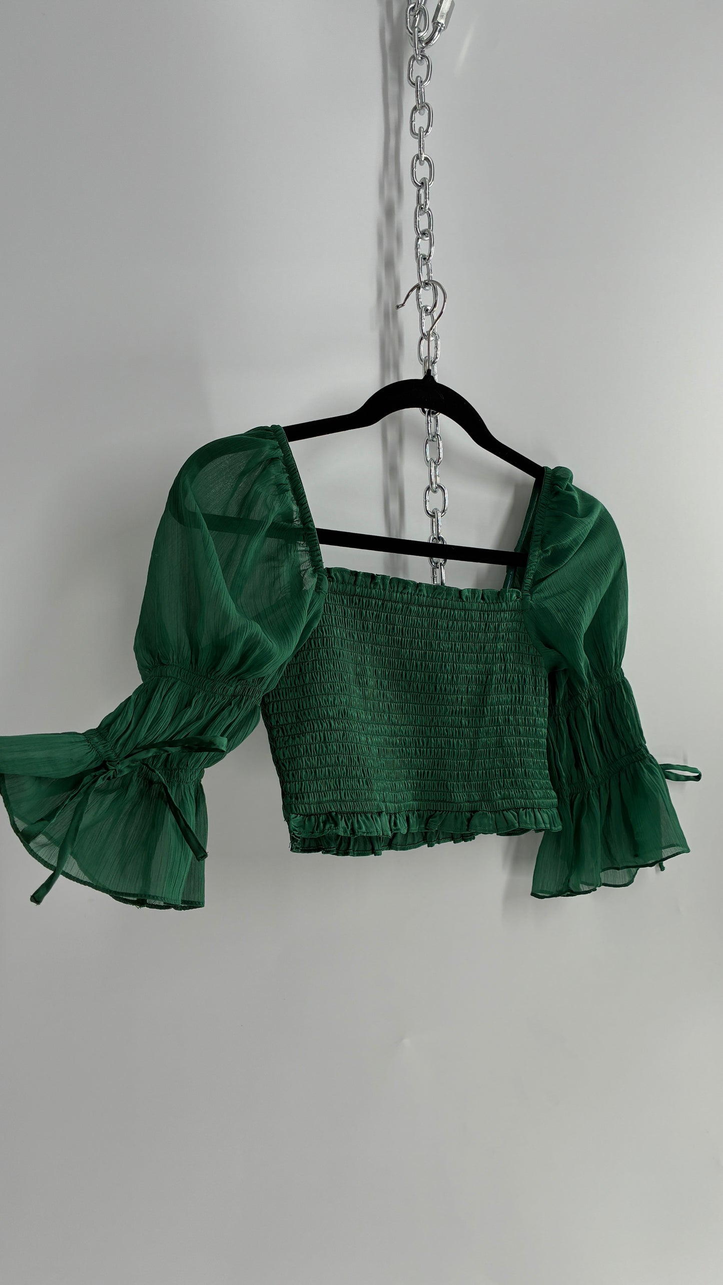 Urban Outfitters Green Smocked Top with Sheer Puff Renaissance Sleeve (XS)