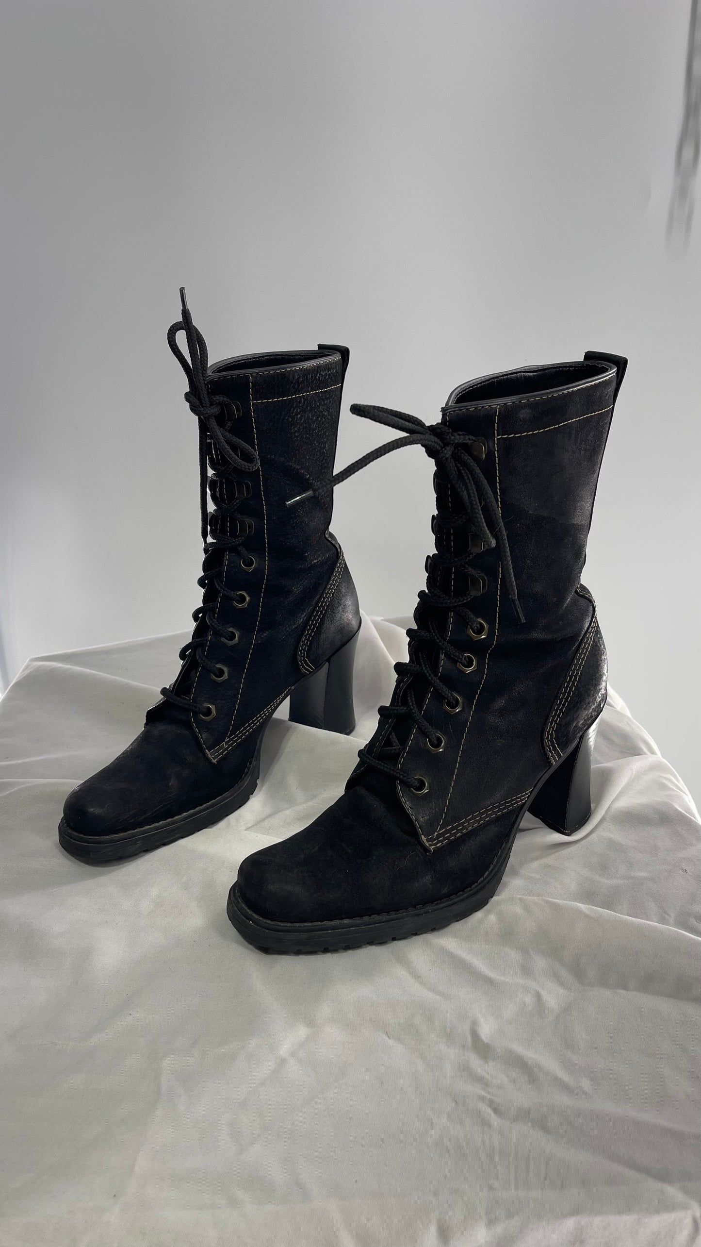 Vintage Nine West Leather Black Lace Up Combat Boots (7)