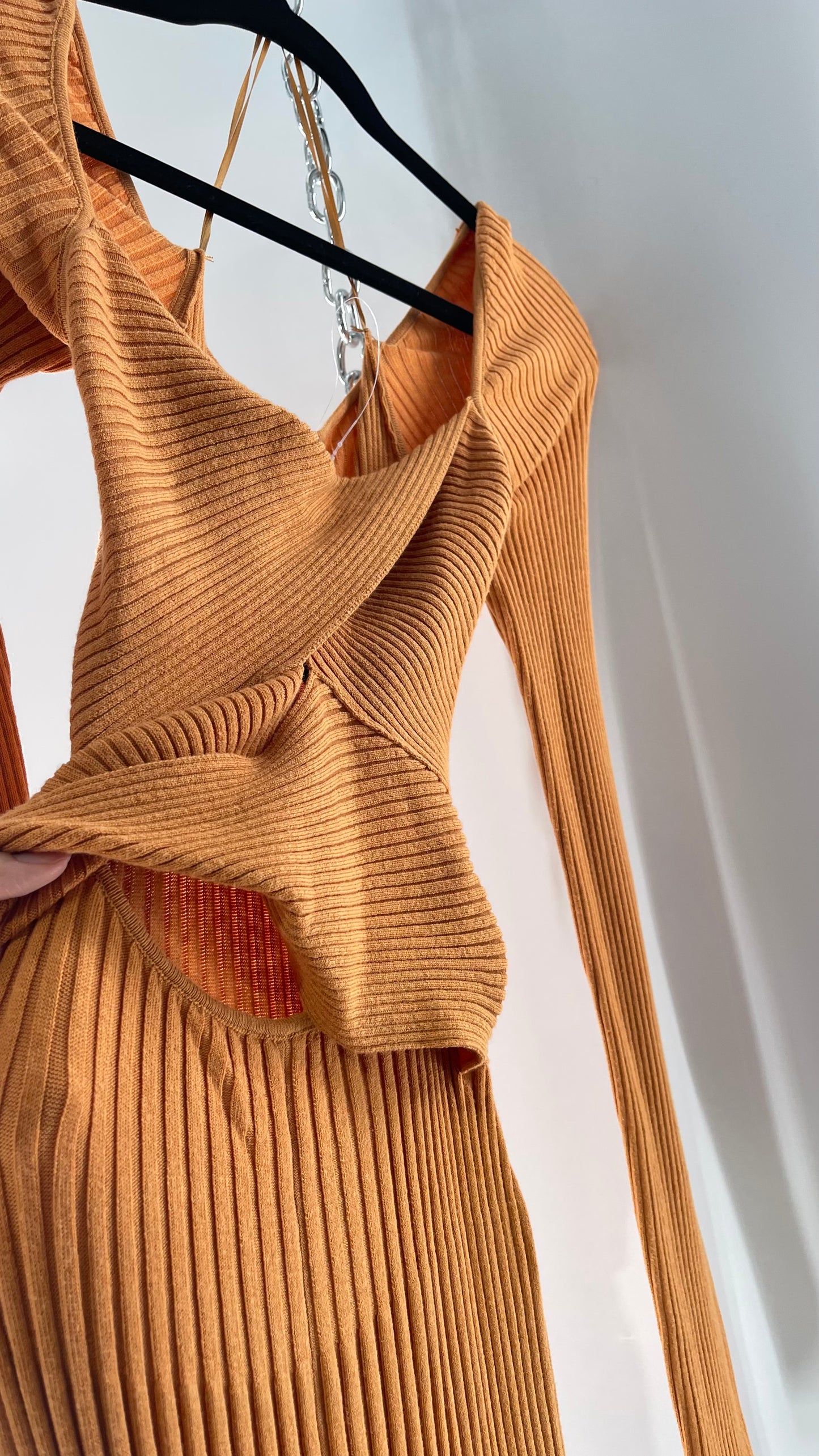 Free People Orange Knit Maxi Dress with Bandage Bust and Exposed Cut Out Midriff (Medium)