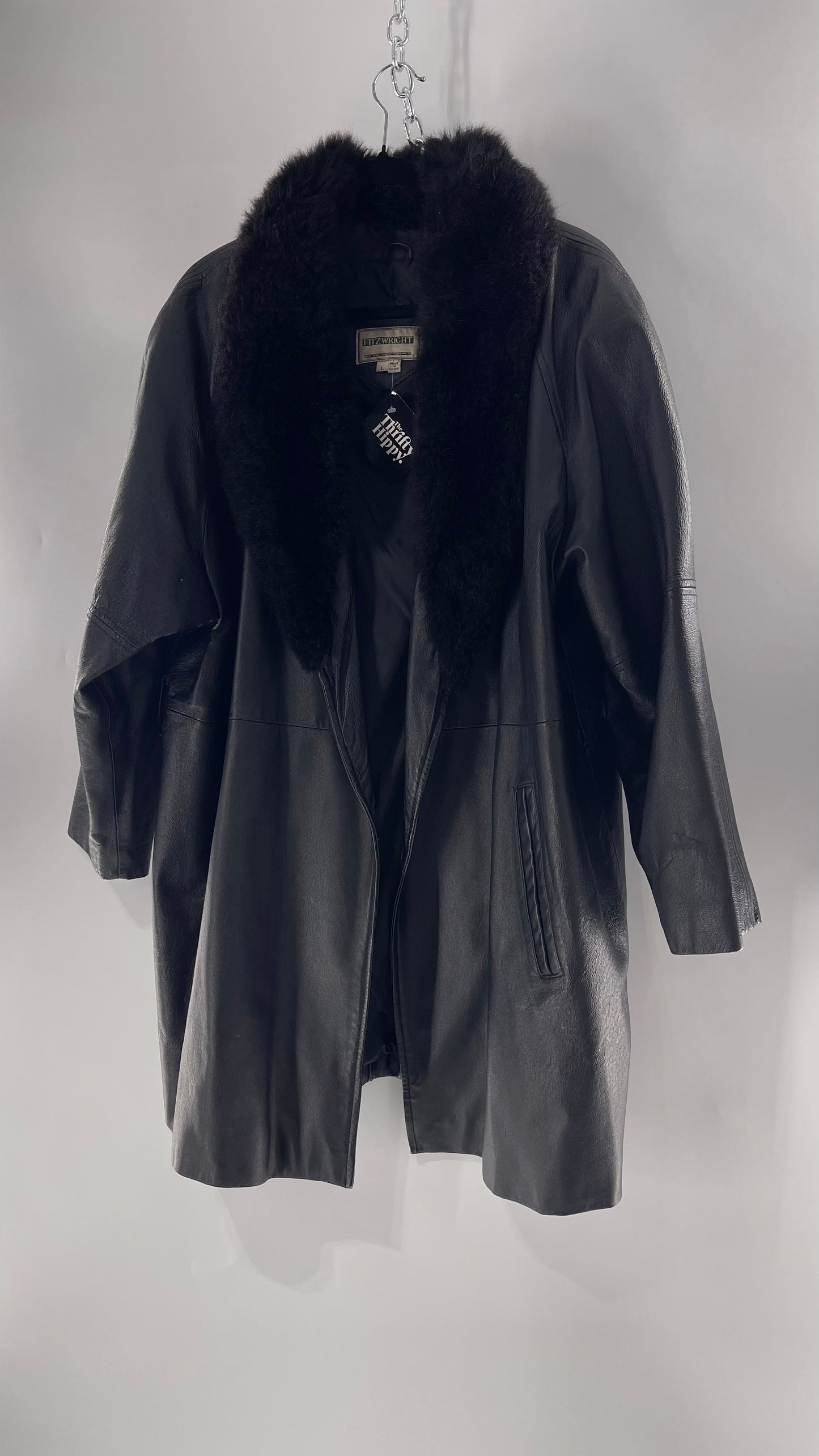 FITZWRIGHT Vintage Black Leather Coat with New Zealand Opposum Fur Collar and Faux Fur Belt (C)(Large)